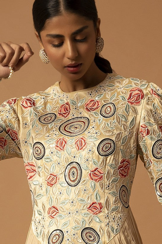 Beige embroidered yoke gathered dress