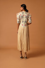 Beige embroidered yoke gathered dress