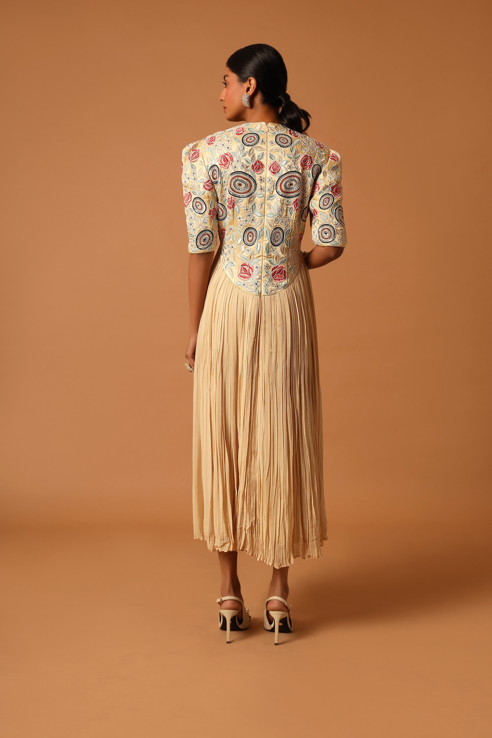 Beige embroidered yoke gathered dress