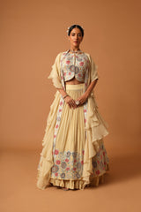 Beige embroidered blouse with gathered lehenga and dupatta