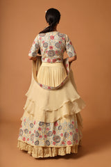 Beige embroidered blouse with gathered lehenga and dupatta