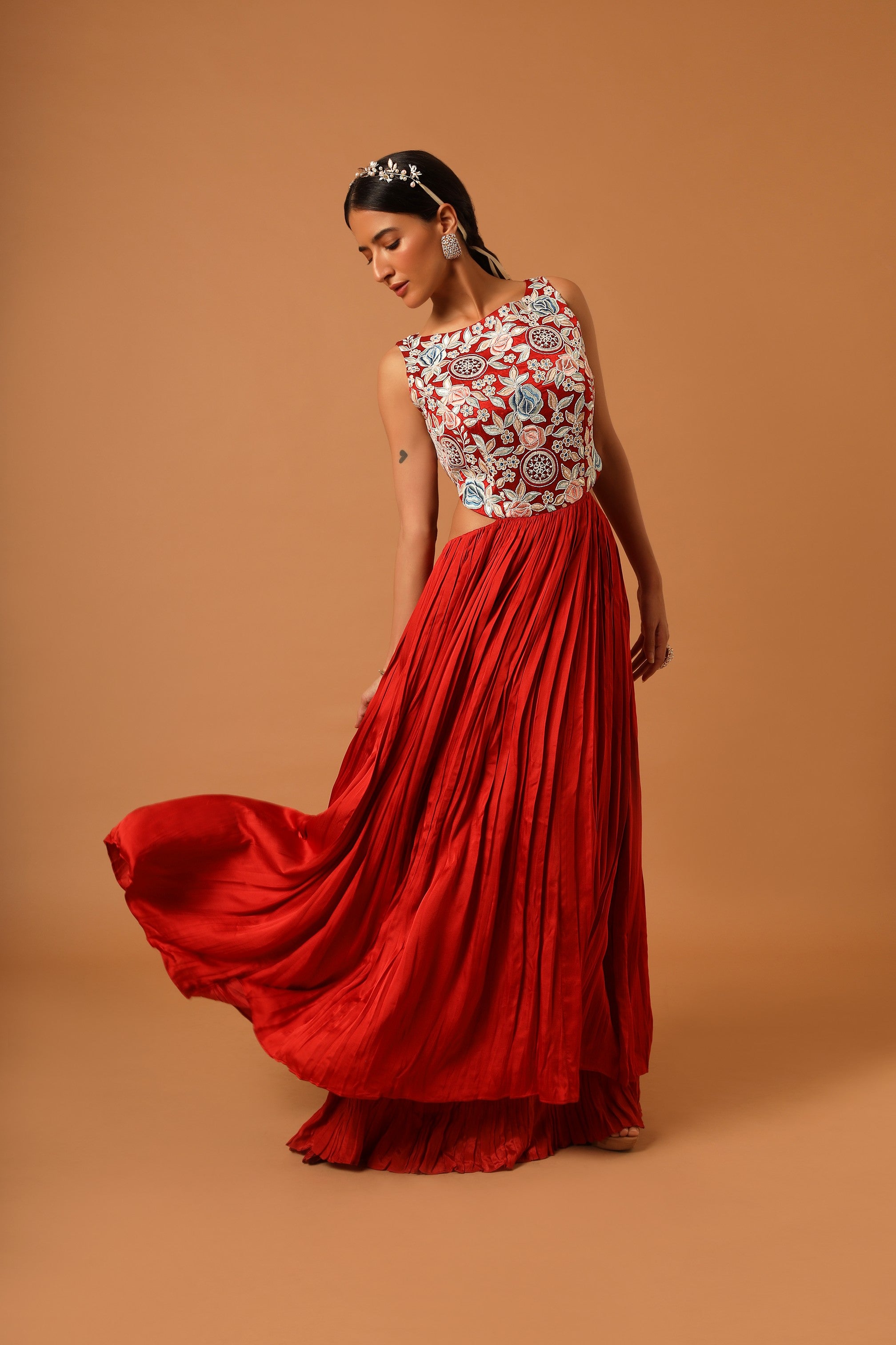 Red embroidered side cut dress