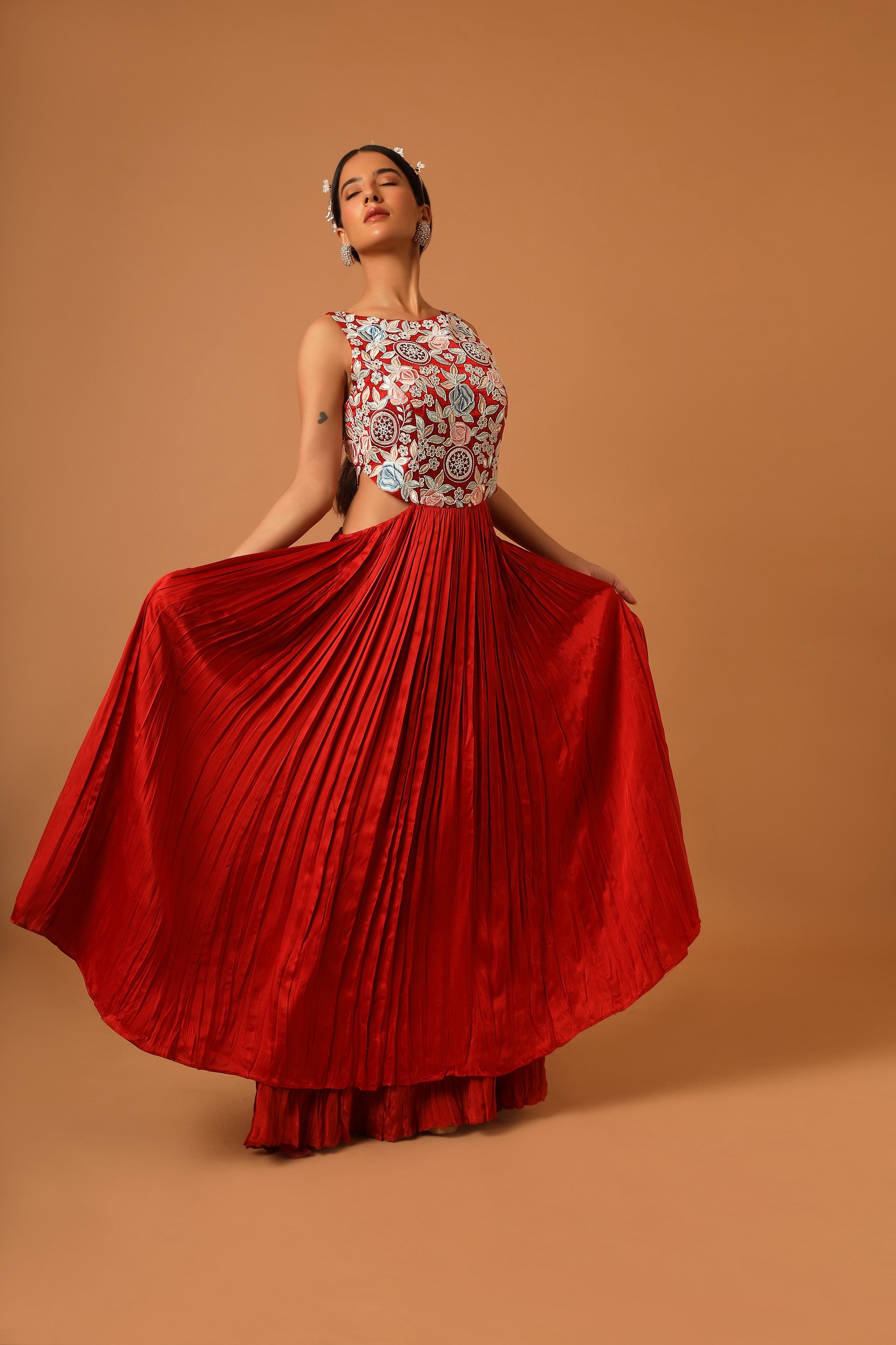 Red embroidered side cut dress