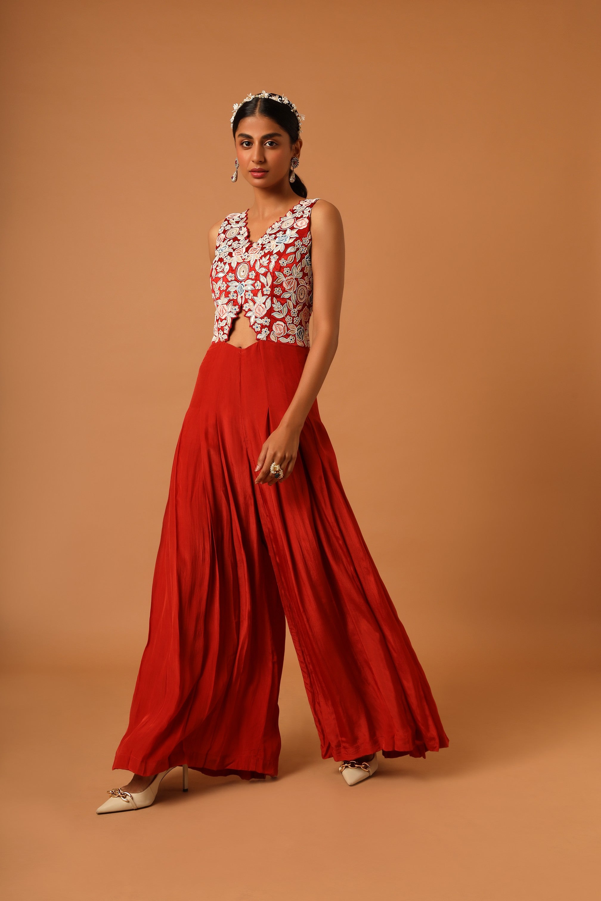 Red embroidered jumspsuit