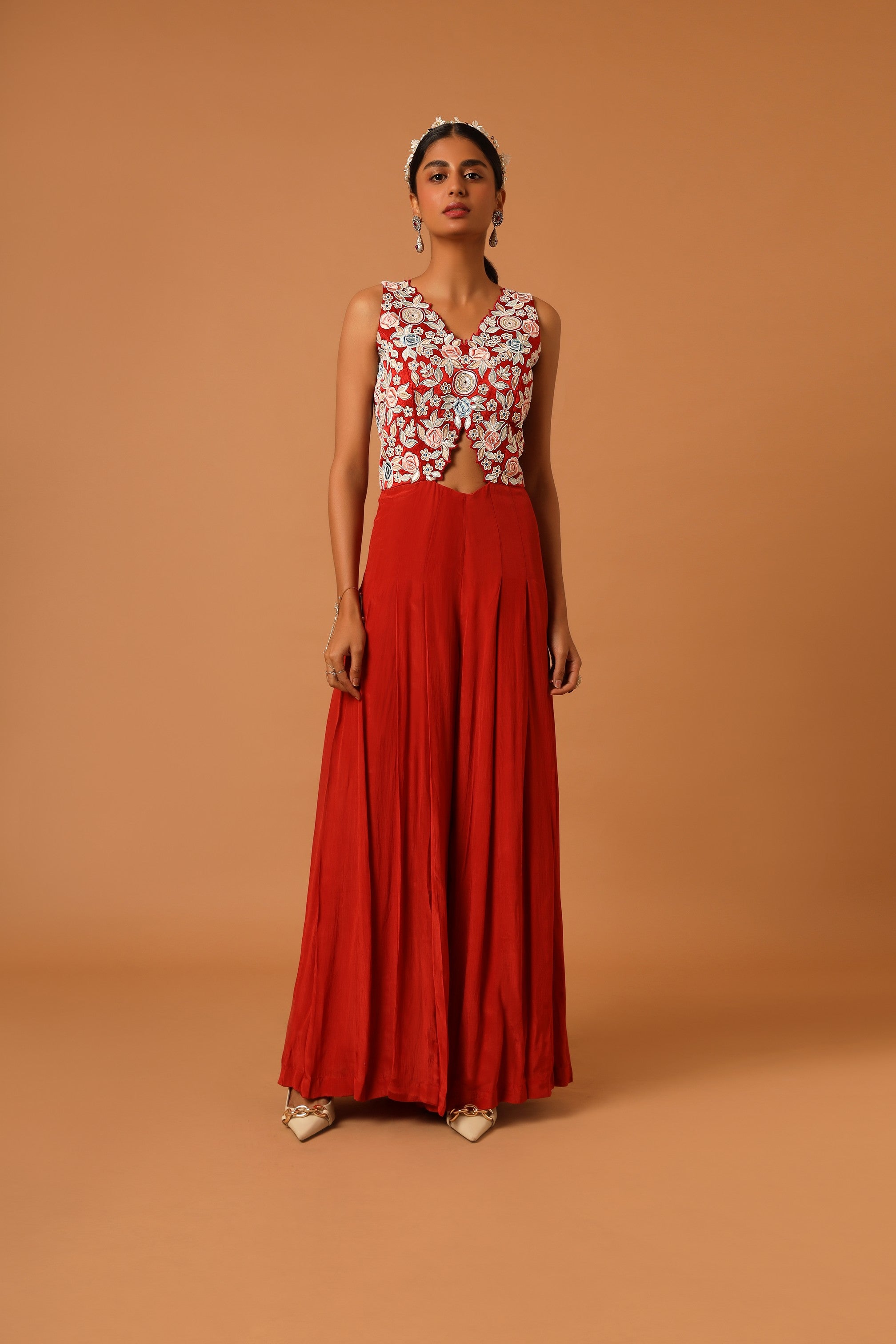 Red embroidered jumspsuit