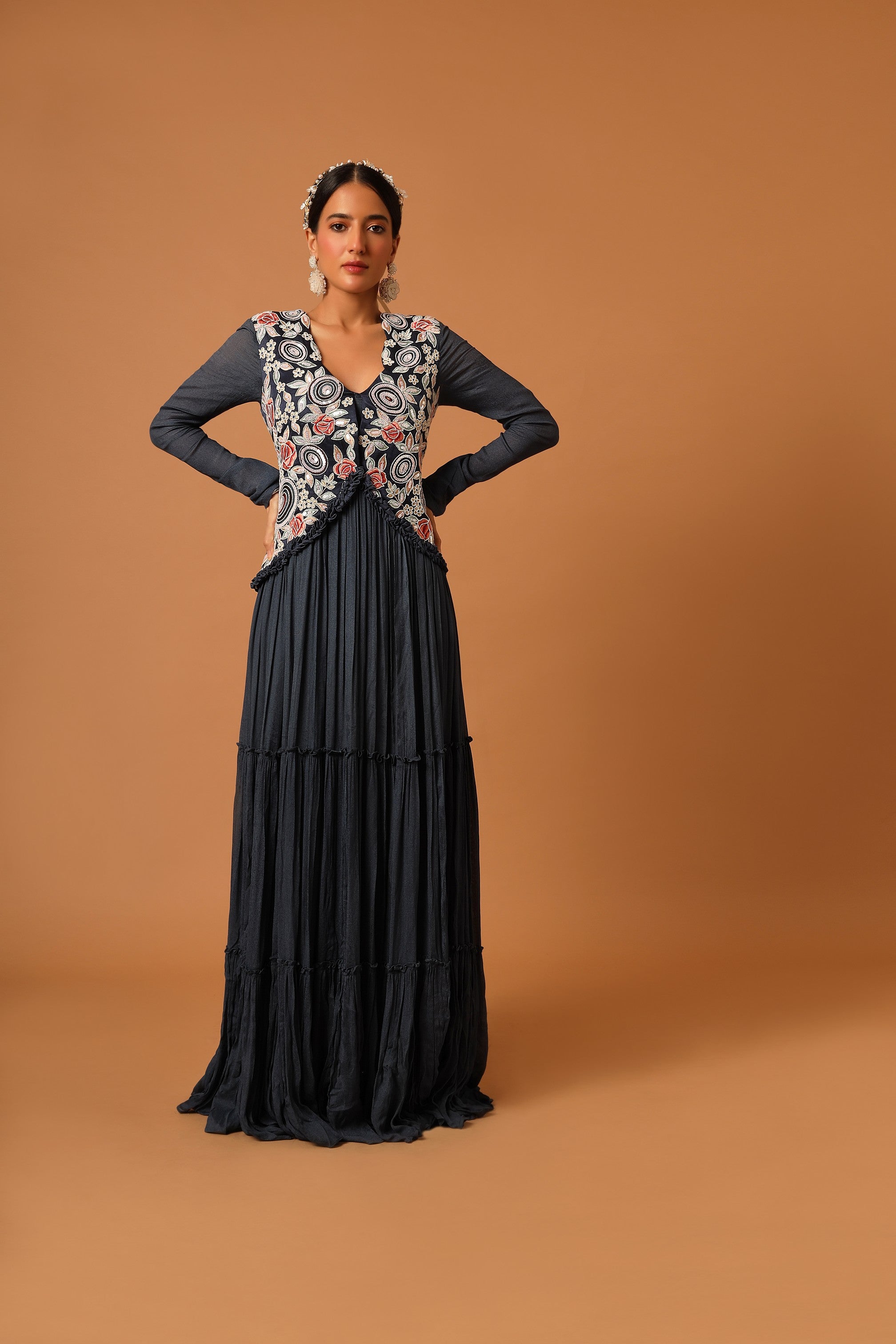 Blue embroideered tiered dress