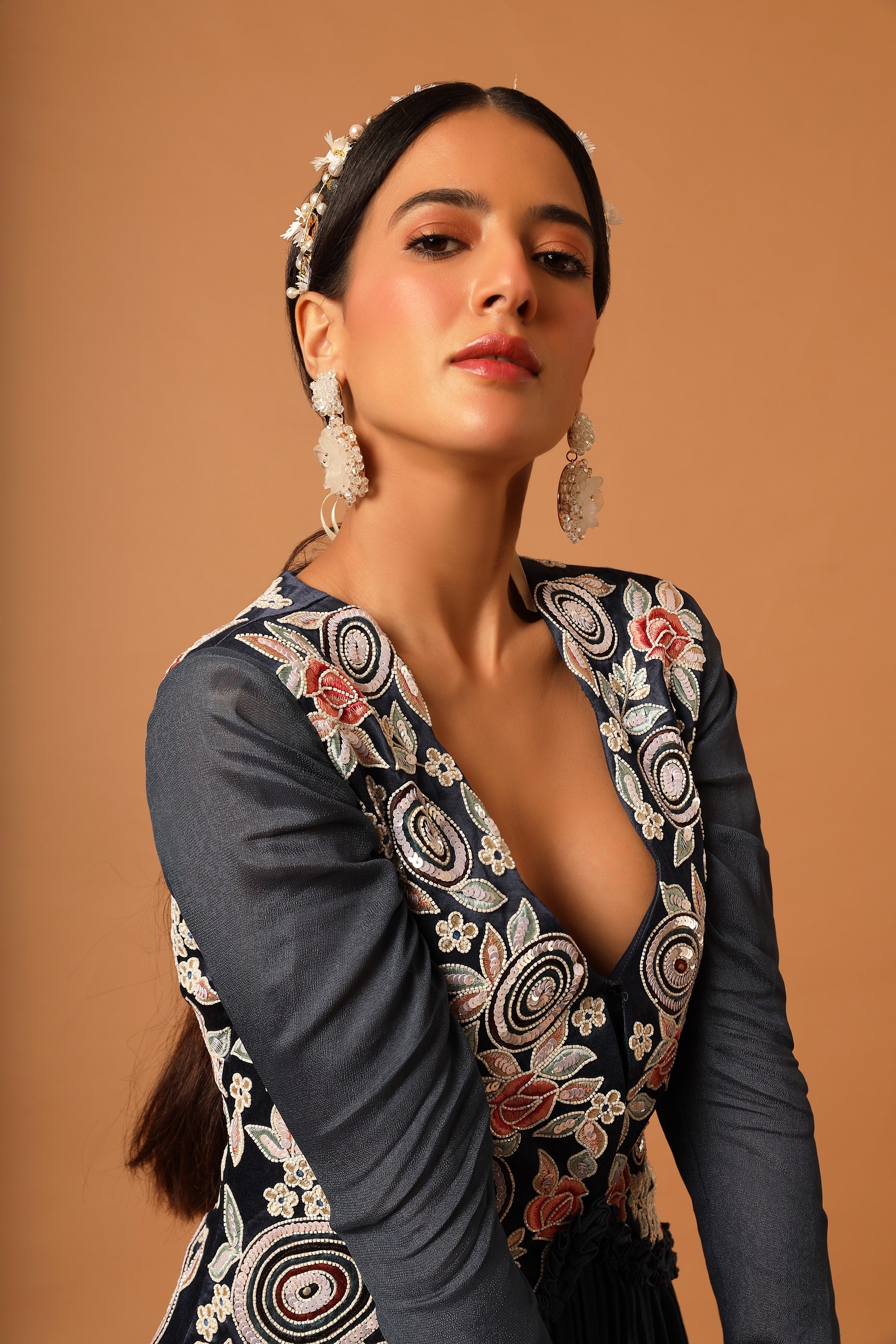Blue embroideered tiered dress
