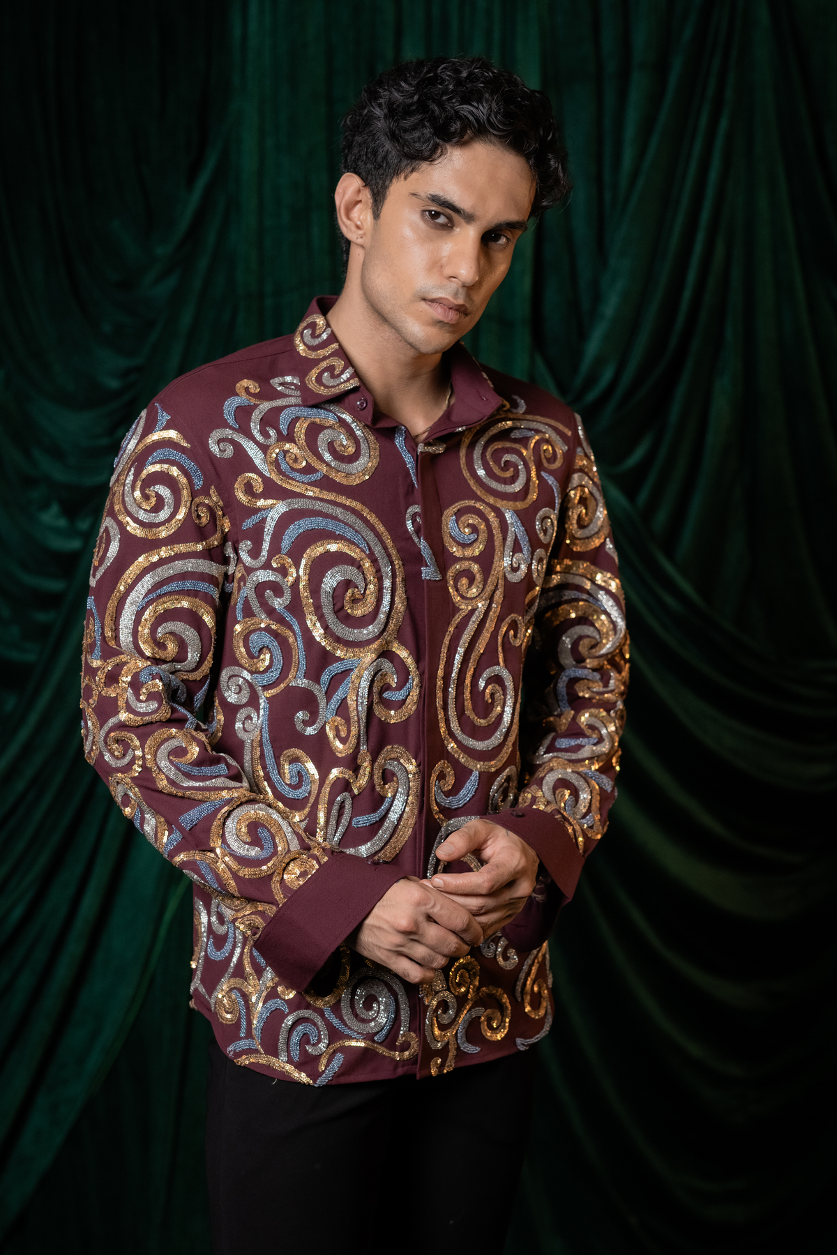 Vortex — Burgundy Hand Embroidered 4-Way Stretch Shirt