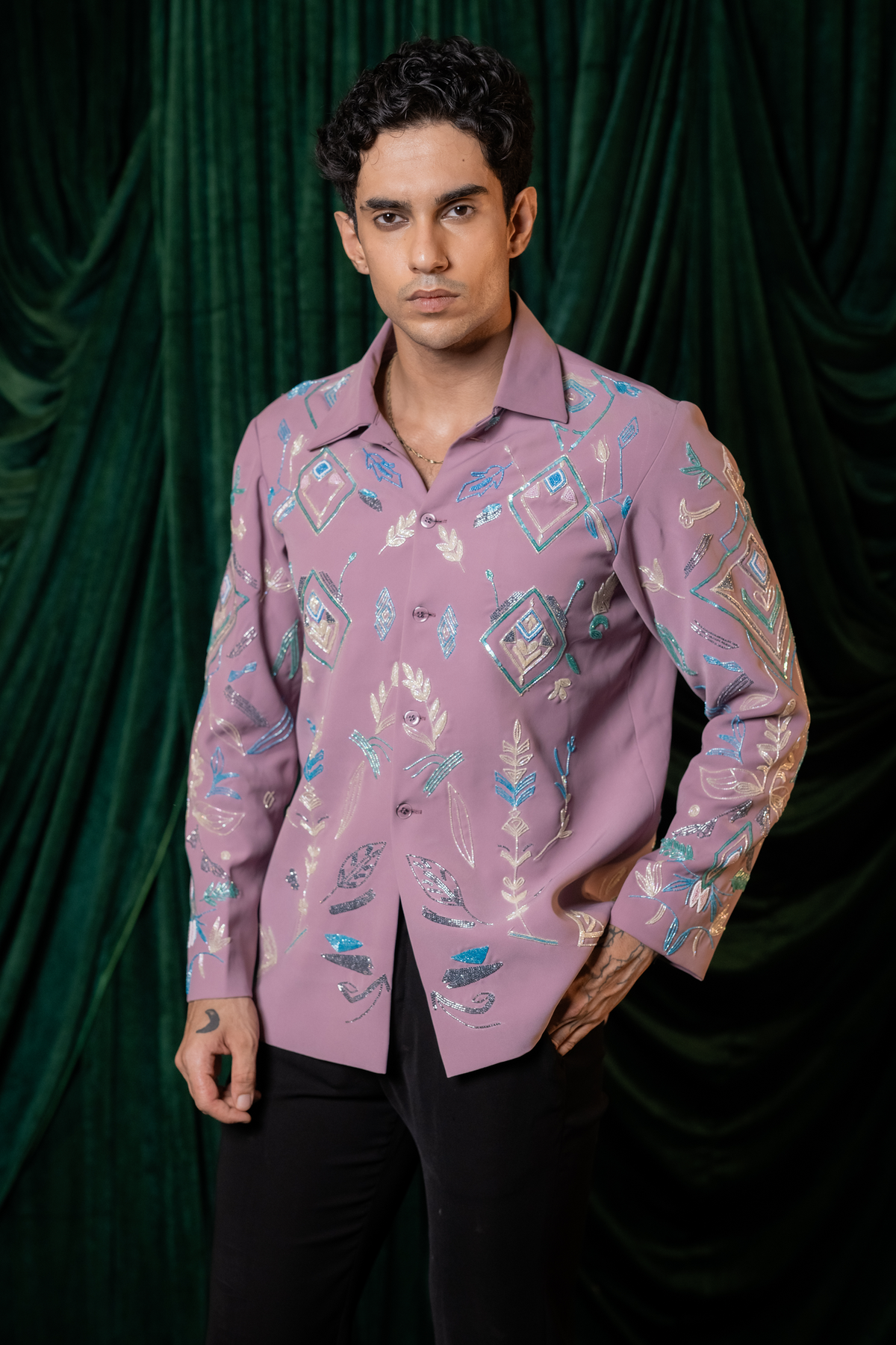 Foliage — Dusty Mauve Hand Embroidered Armani Fabric Shirt