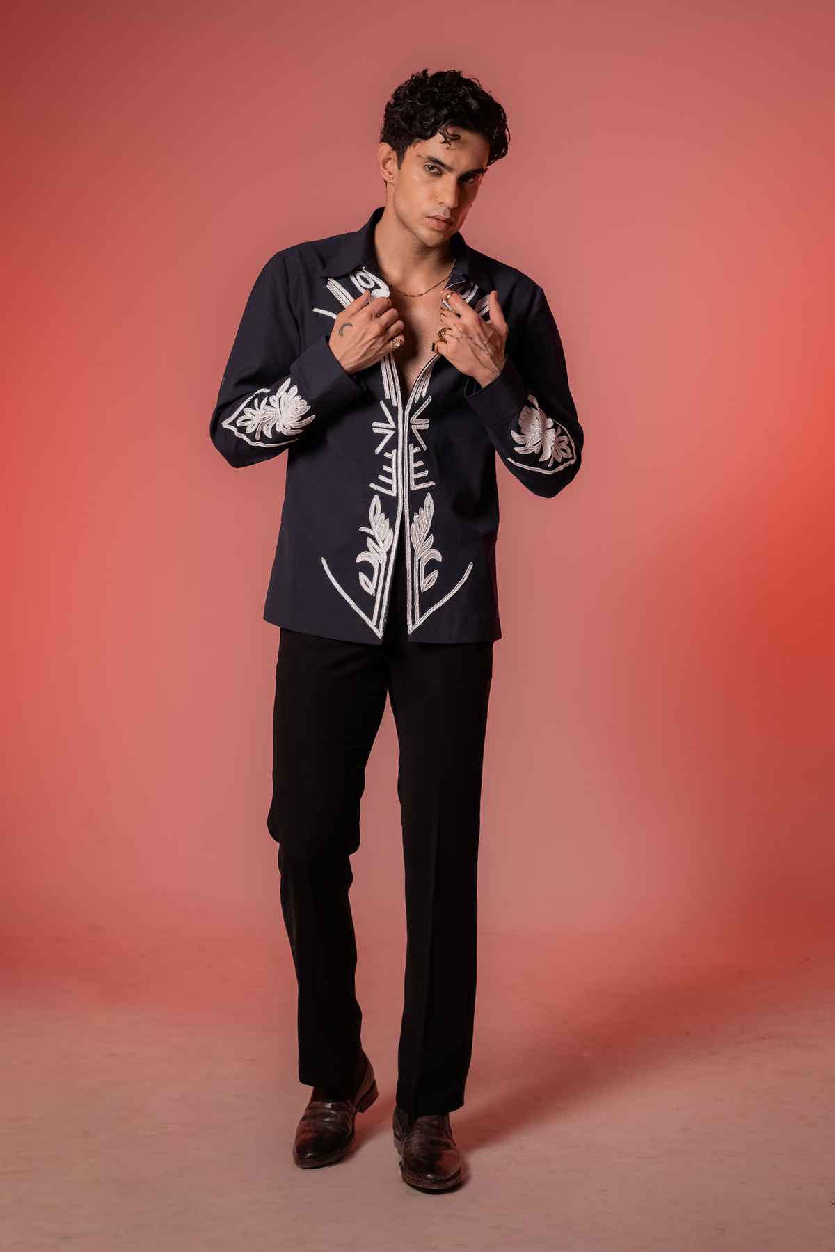 Botan — Midnight Blue Hand Embroidered 4-Way Stretch Shirt