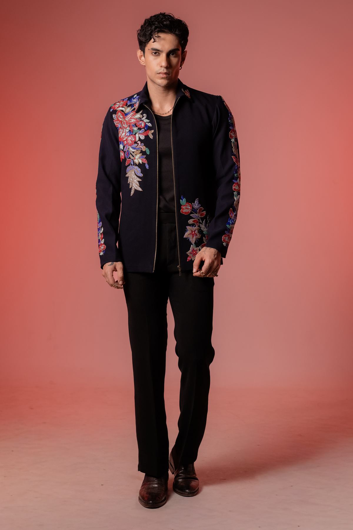 Roman — Midnight Blue Hand Embroidered Armani Fabric Shacket