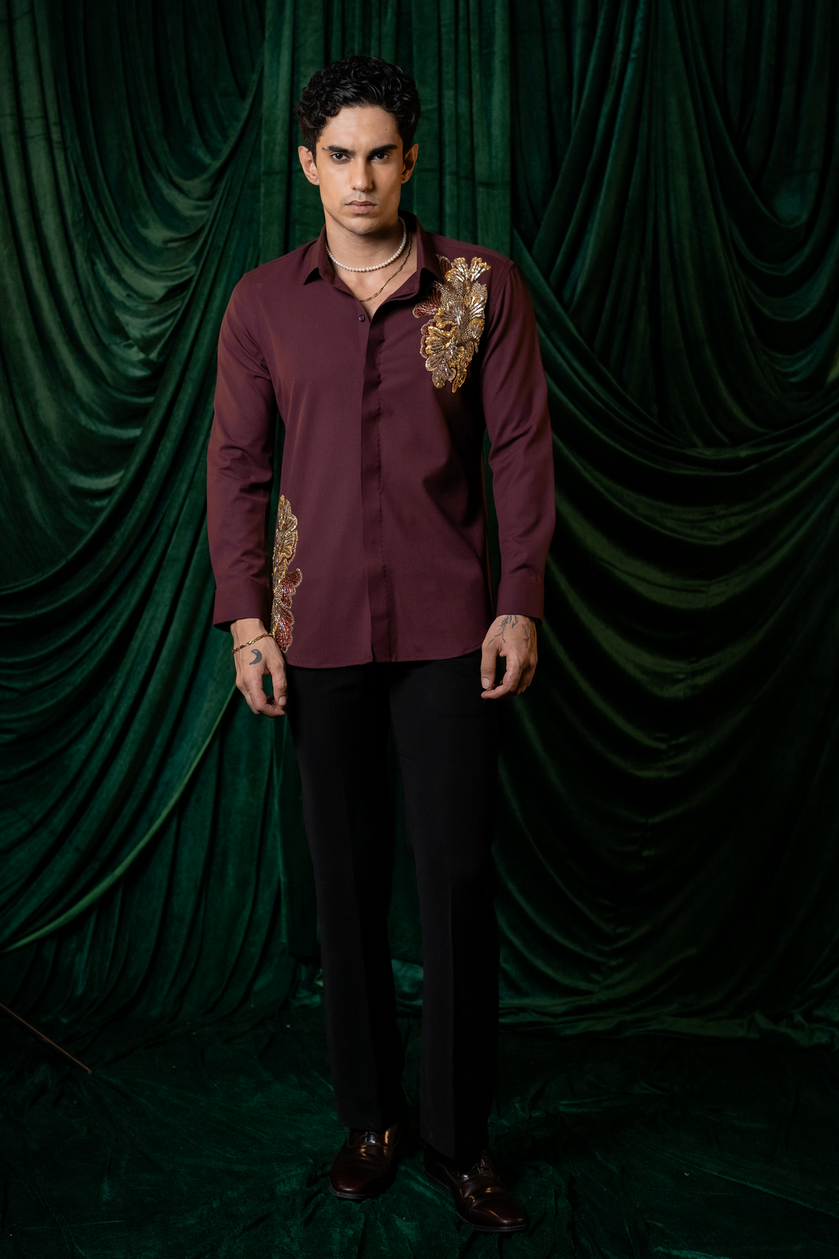 Regal Vine — Burgundy Hand Embroidered Armani Fabric Shirt