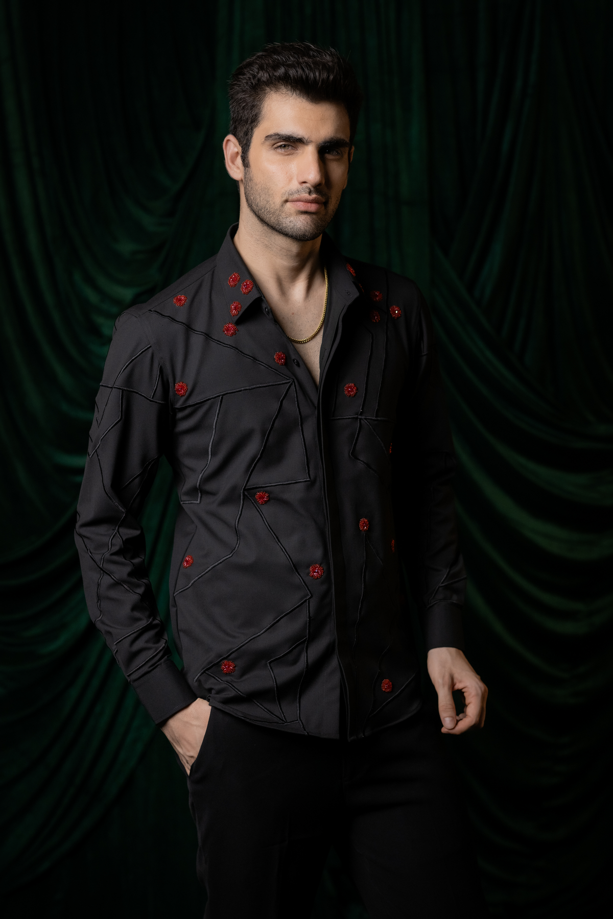 Zyra — Black Hand & Thread Embroidered 4-Way Stretch Shirt