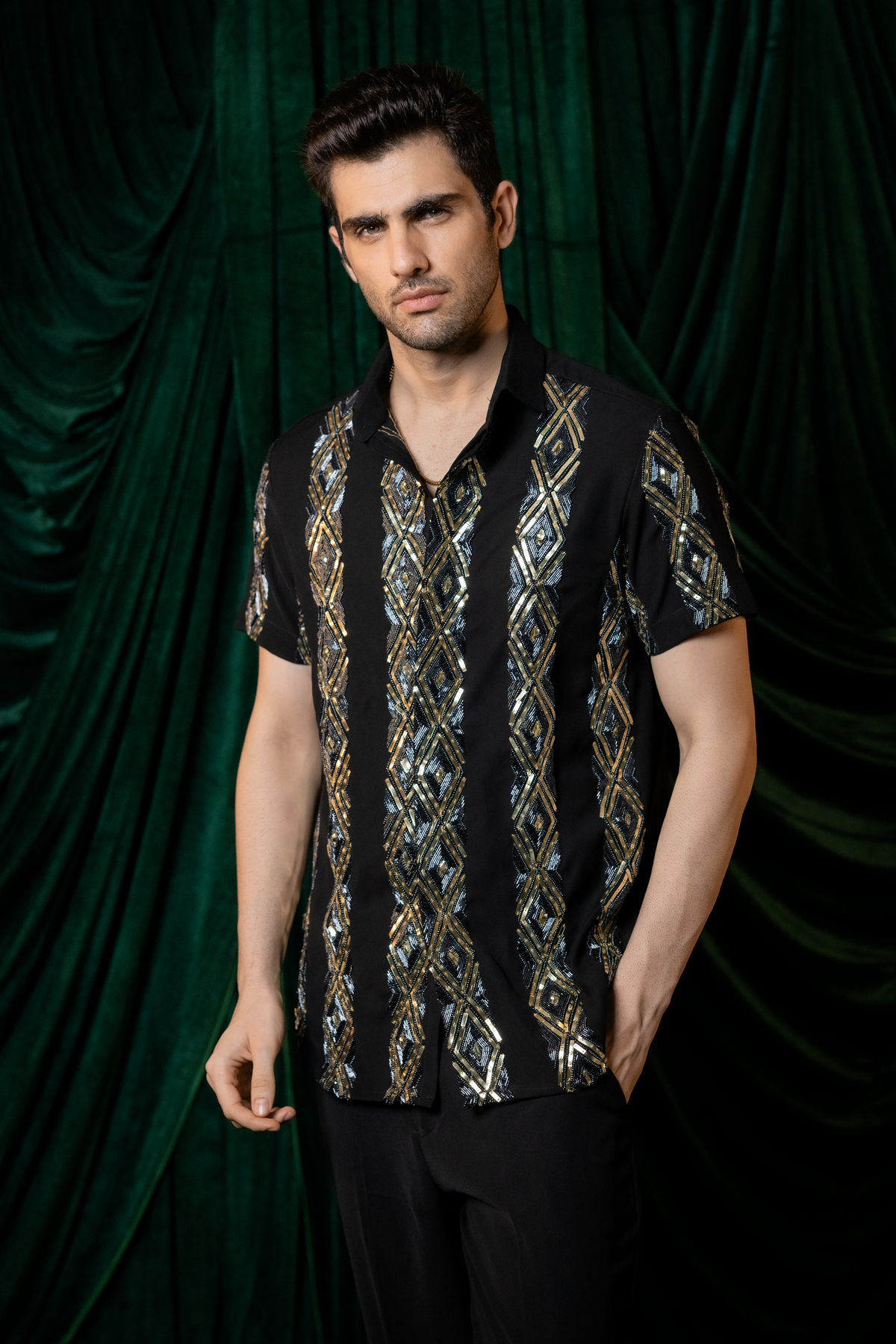 Kairo — Black Hand Embroidered Armani Fabric Shirt
