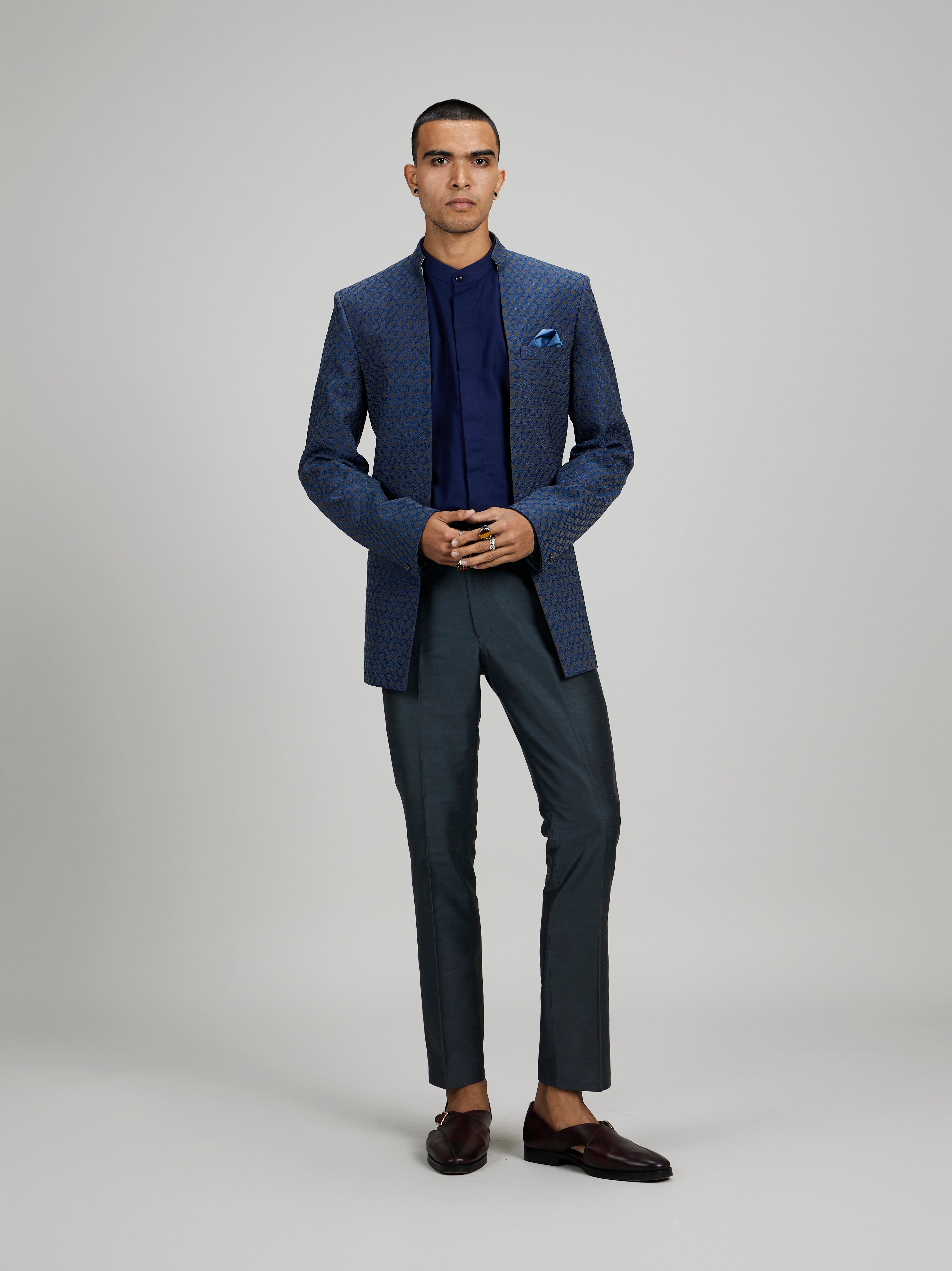 Charcoal and teal starrio open bandhgala jacket