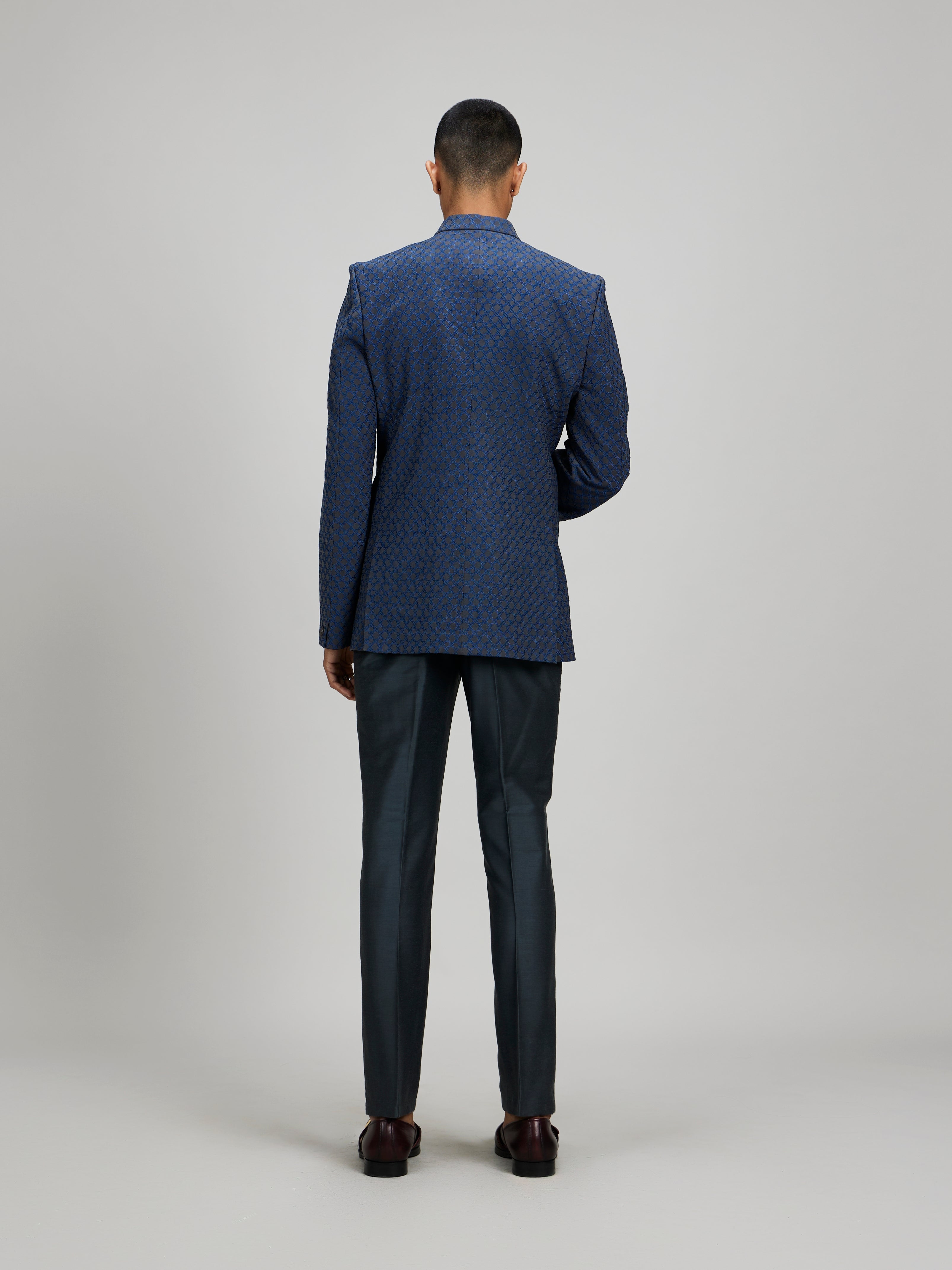 Charcoal and teal starrio open bandhgala jacket