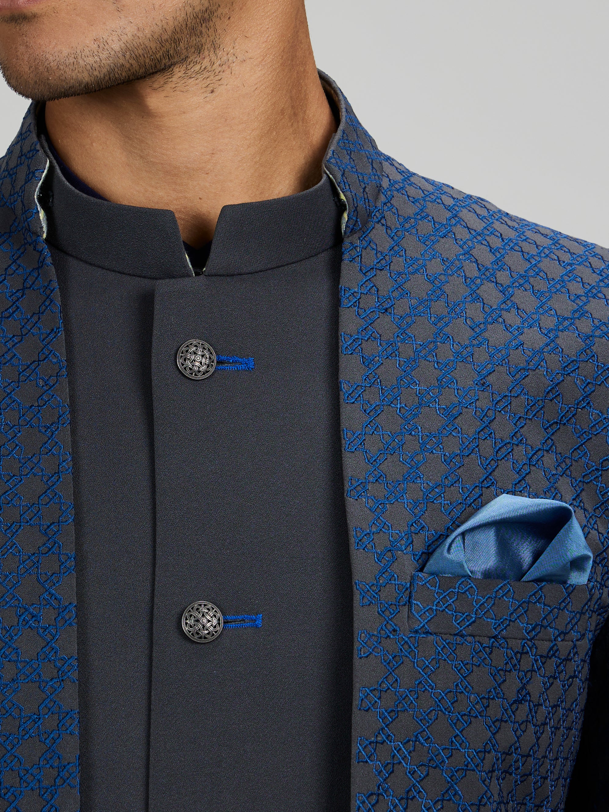 Charcoal and teal starrio embroidered 2 in1 bandhgala jacket