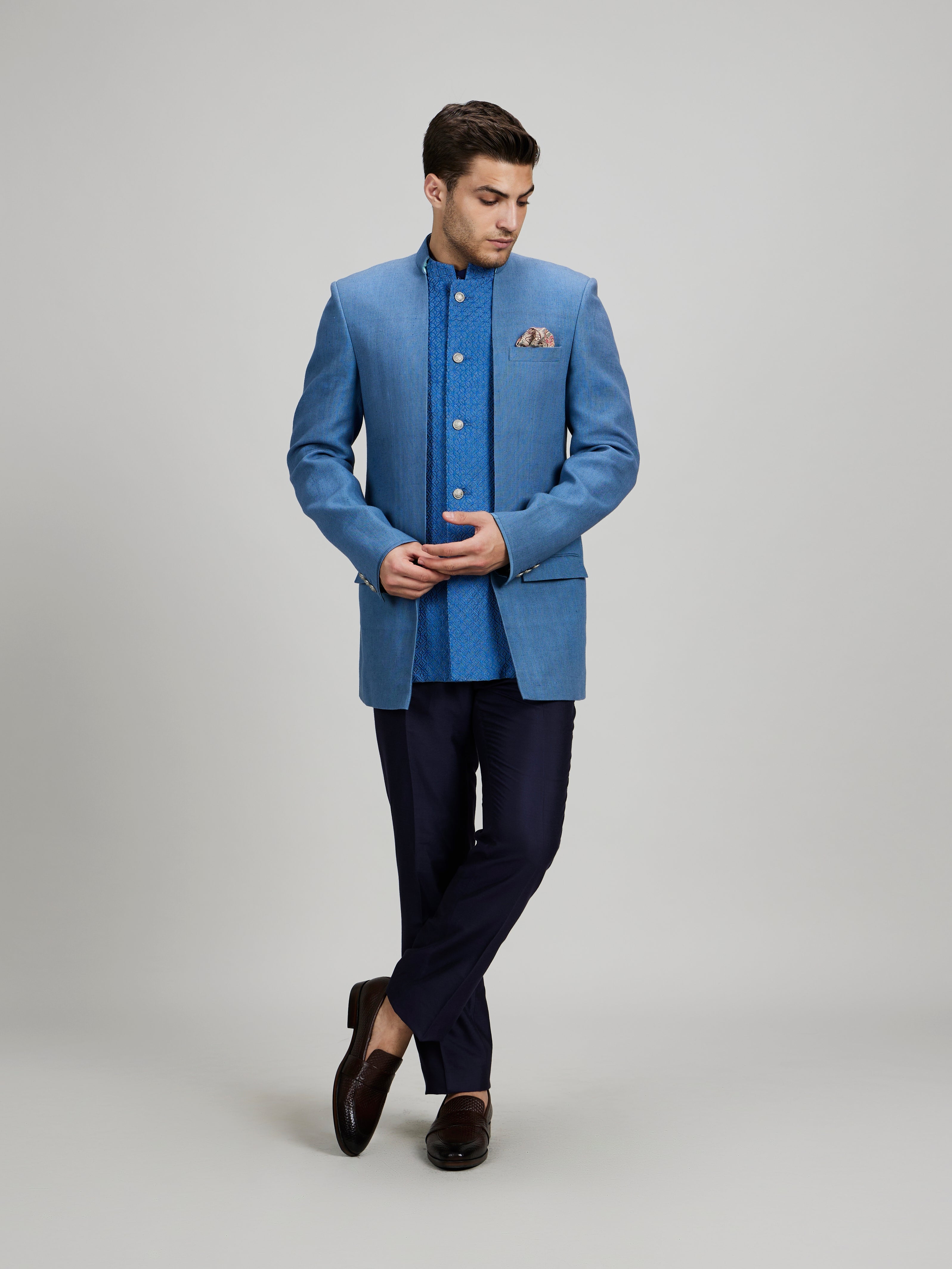 Ash blue orion embroidered panel bandhgala jacket