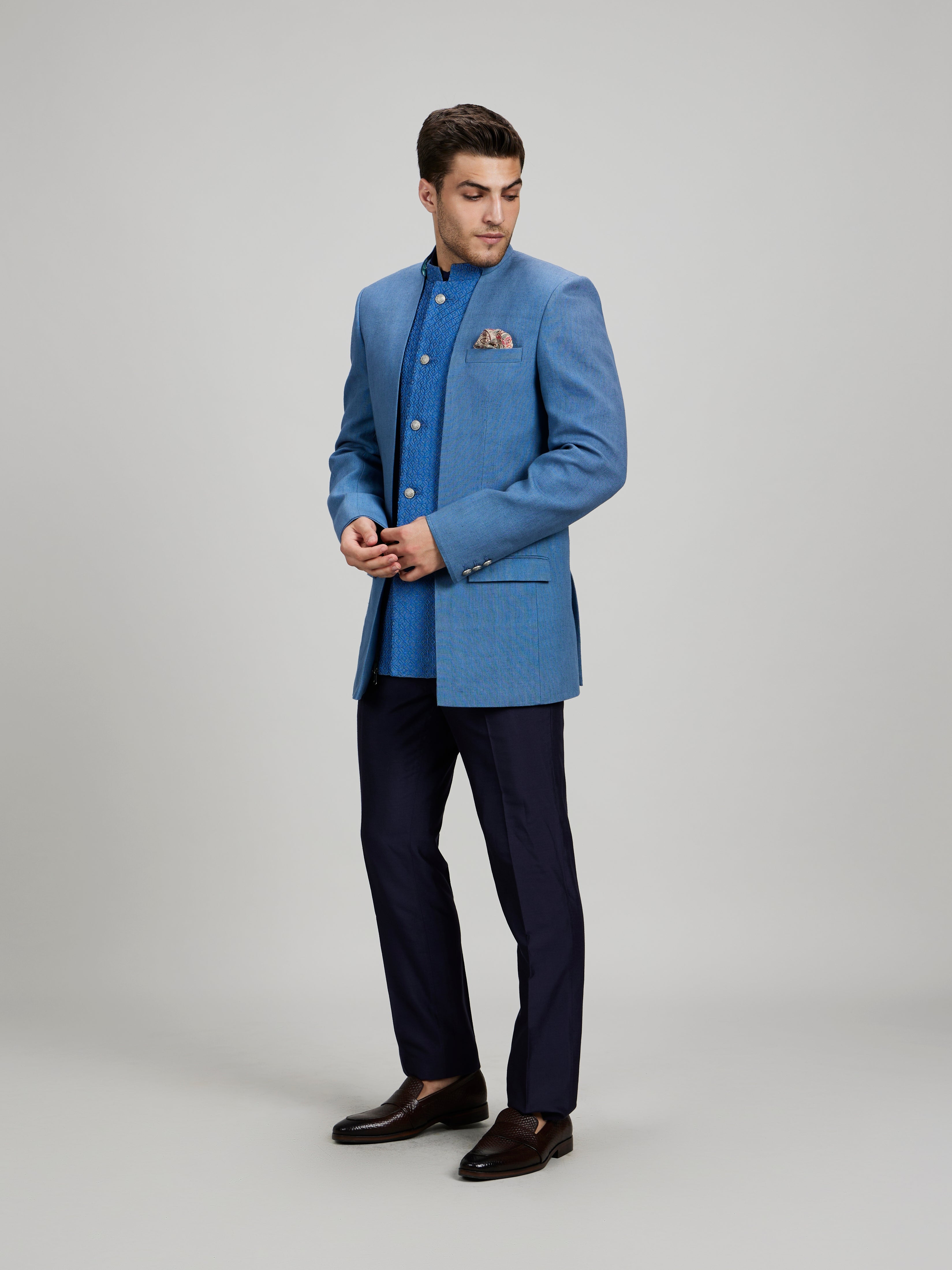Ash blue orion embroidered panel bandhgala jacket