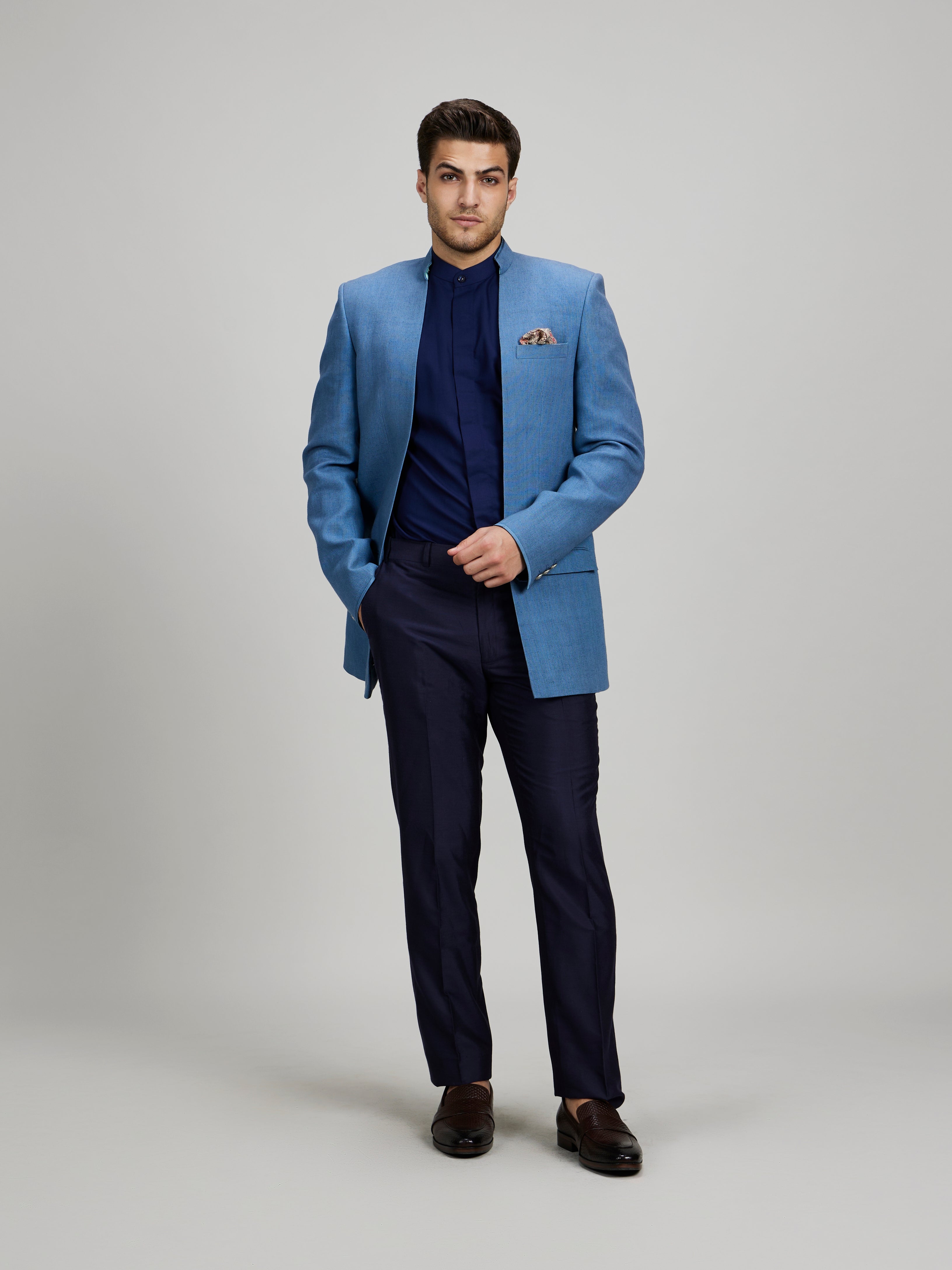 Ash blue open bandhgala jacket