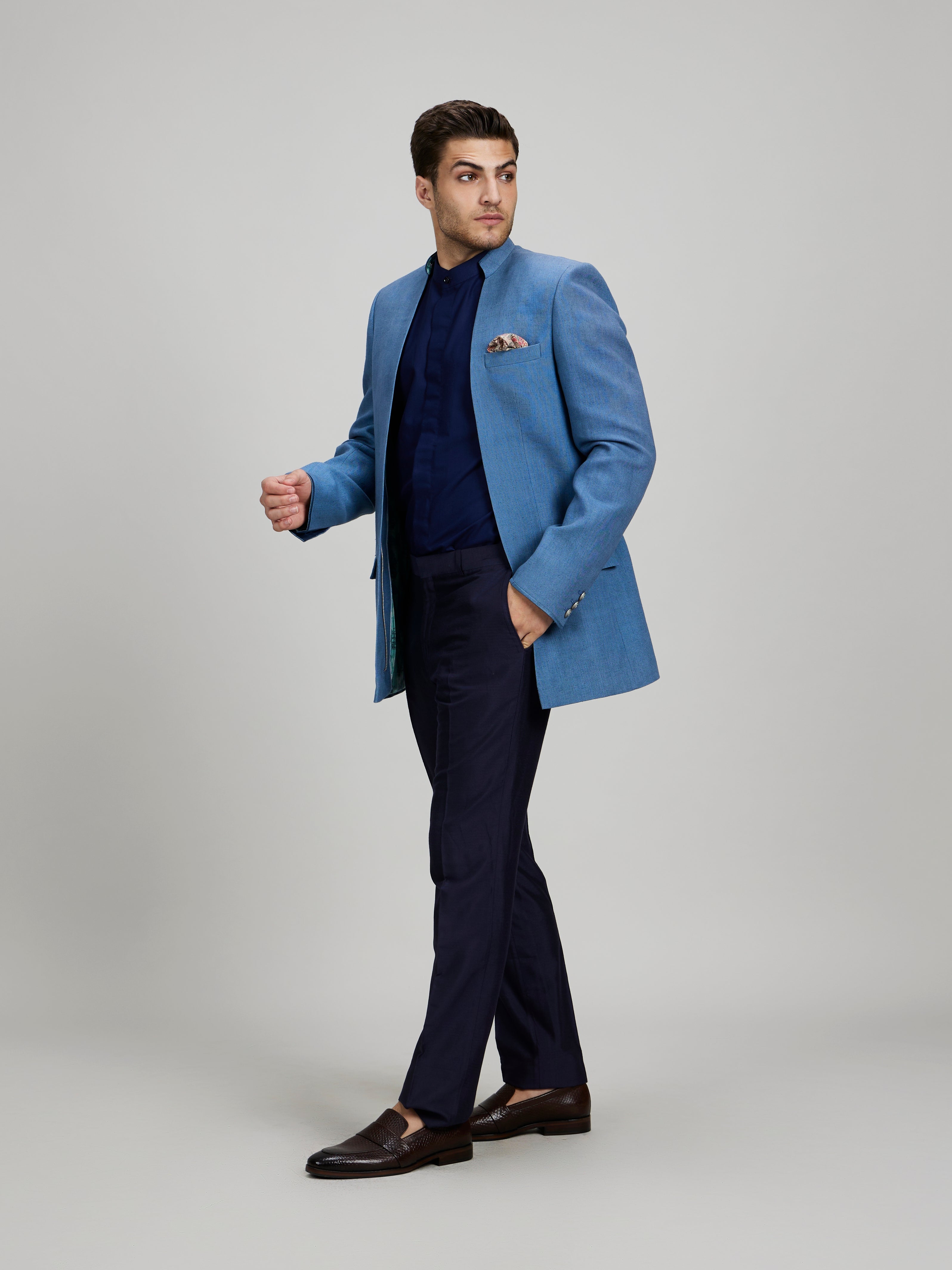 Ash blue open bandhgala jacket