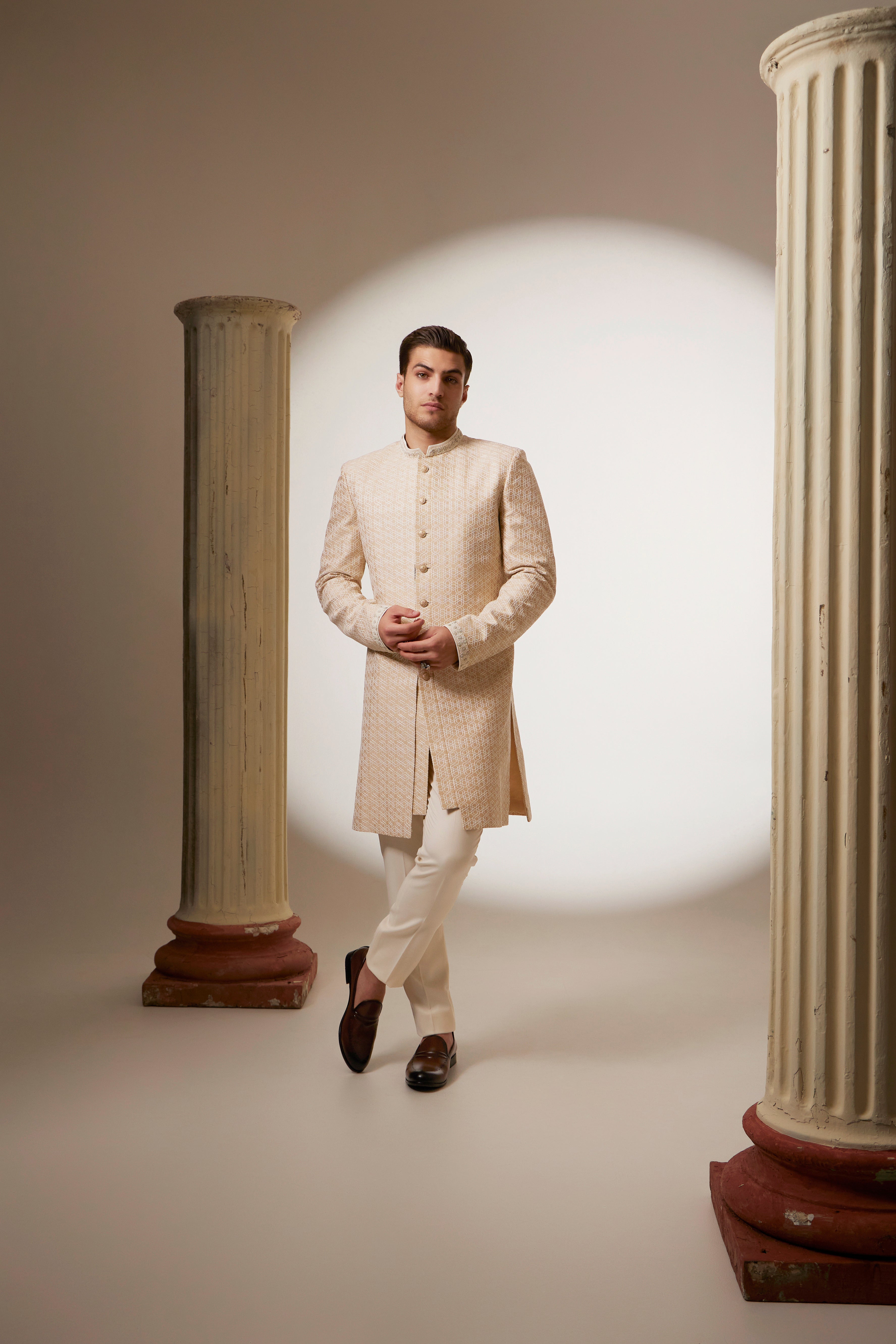 Taupe and cream stellar embroidered layered sherwani jacket