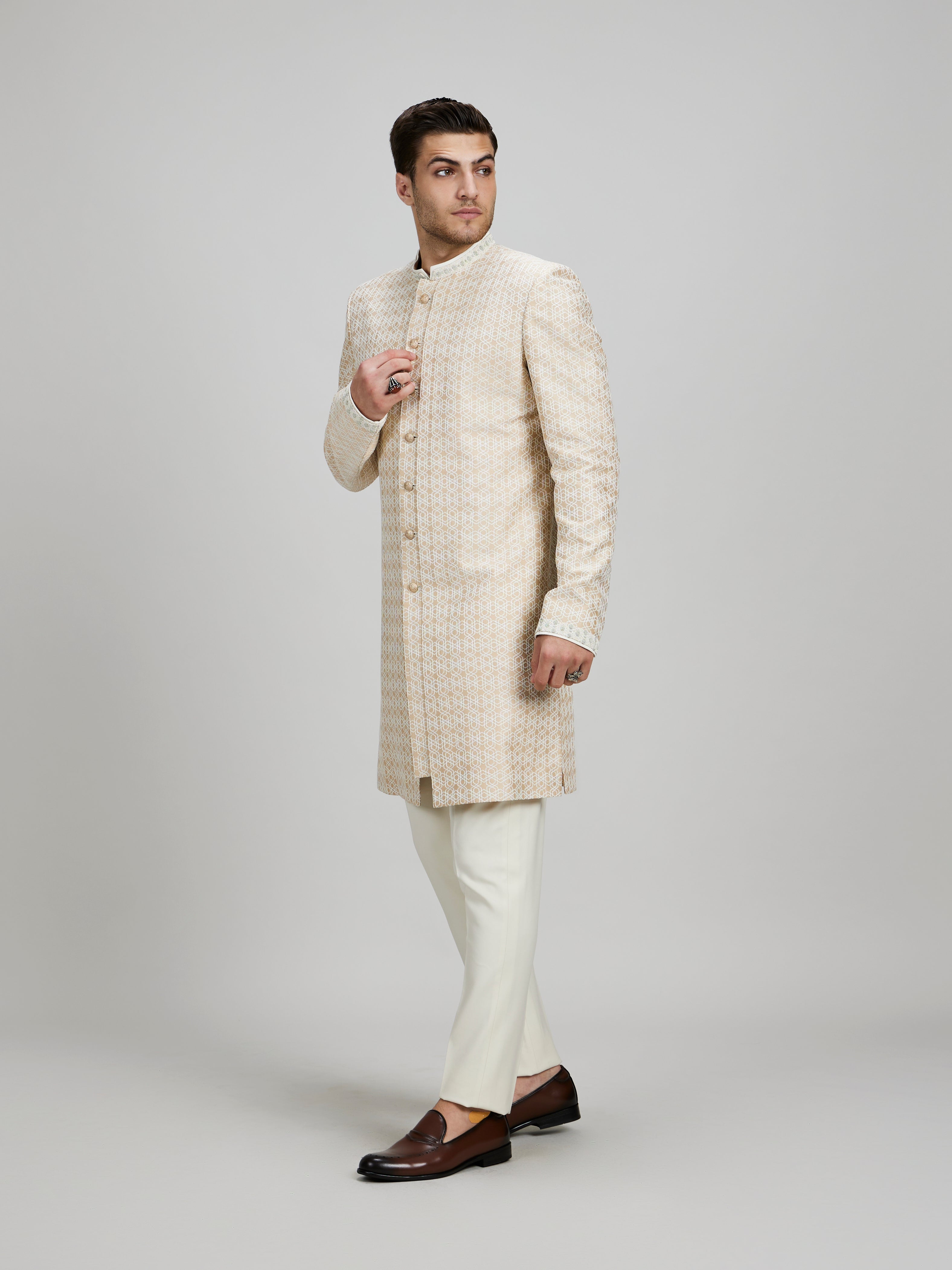 Taupe and cream stellar embroidered layered sherwani jacket