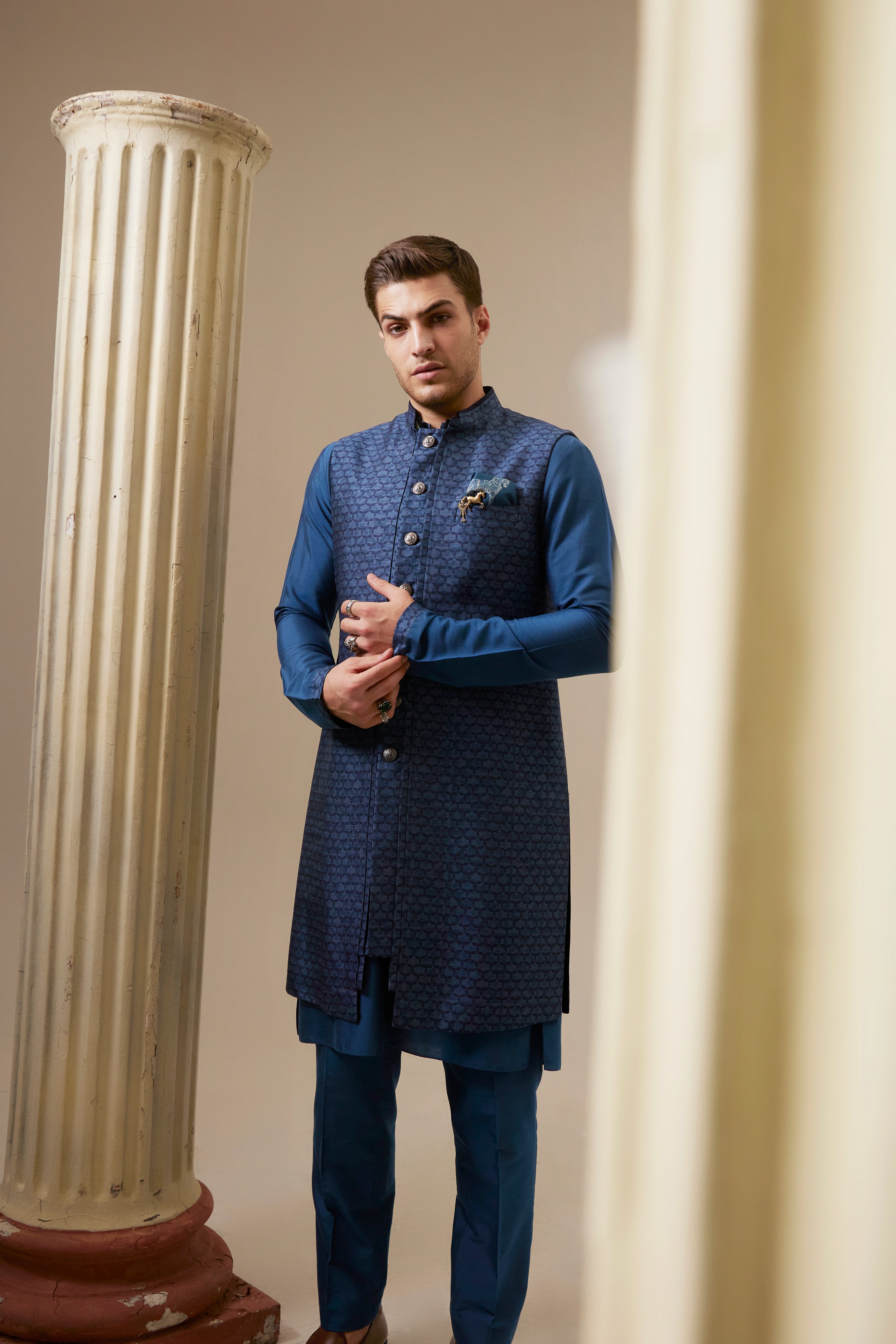 Teal falcon layered sleeveless sherwani jacket