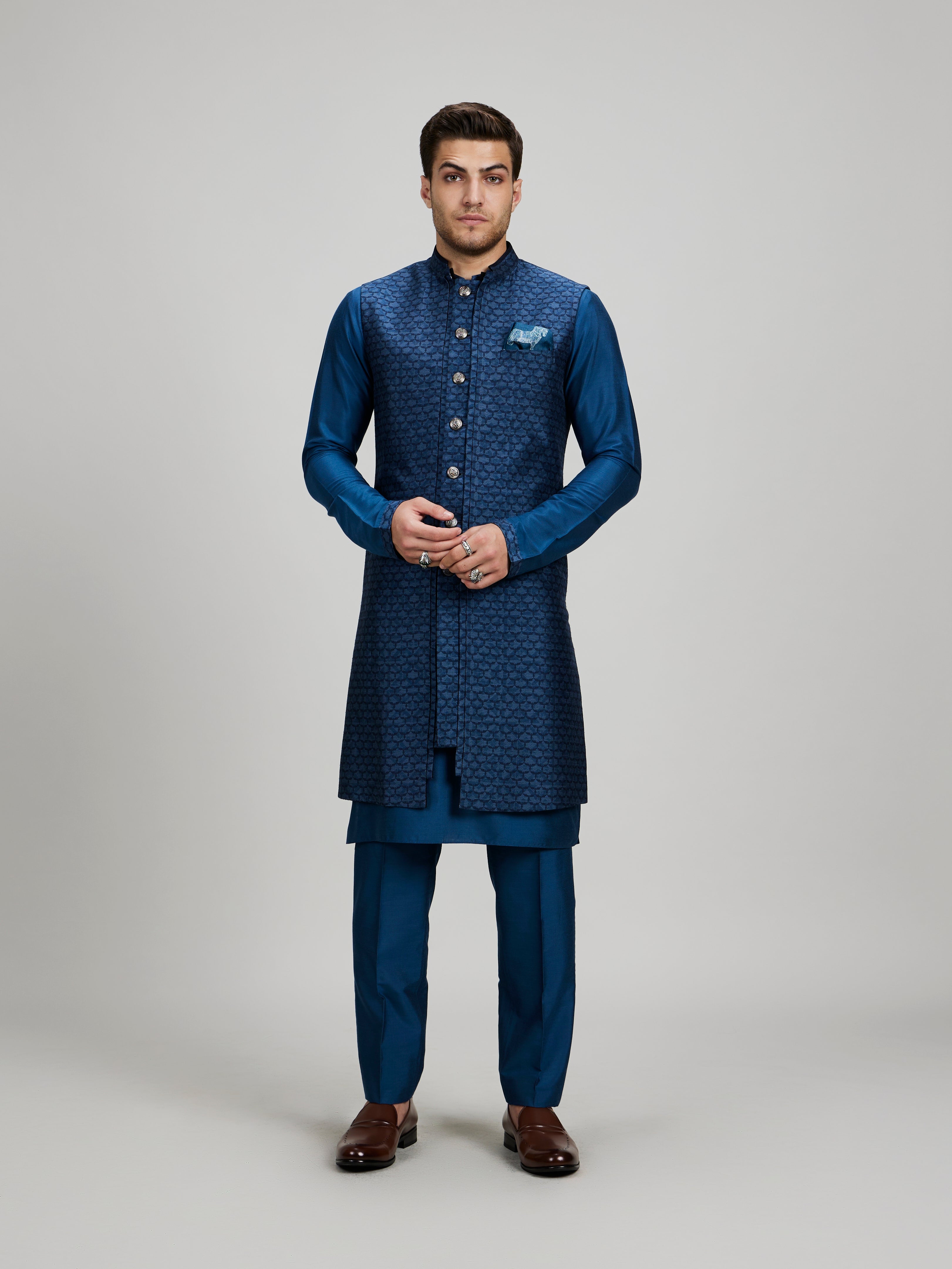 Teal falcon layered sleeveless sherwani jacket