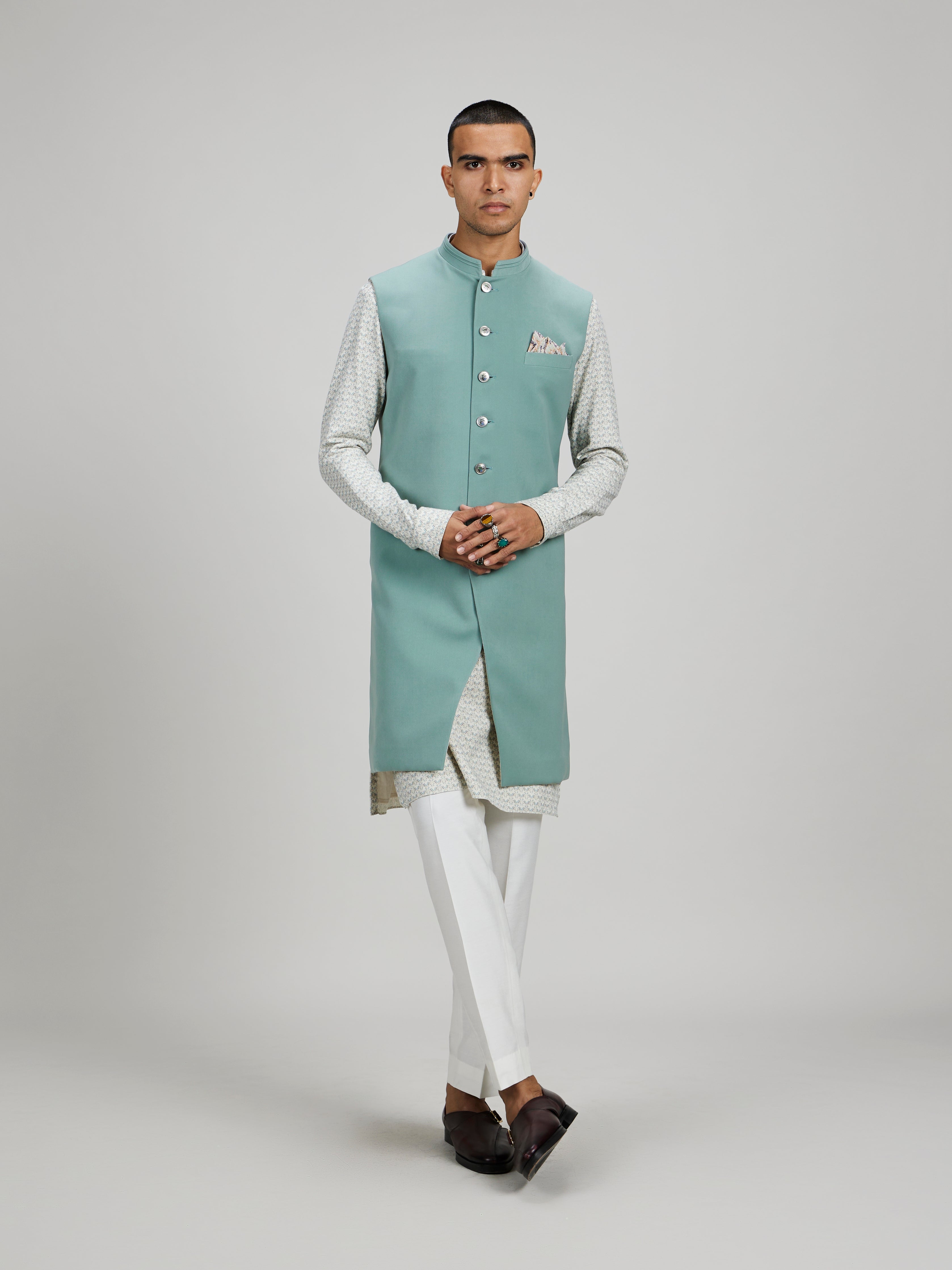 Sage crepe wool sleeveless sherwani jacket