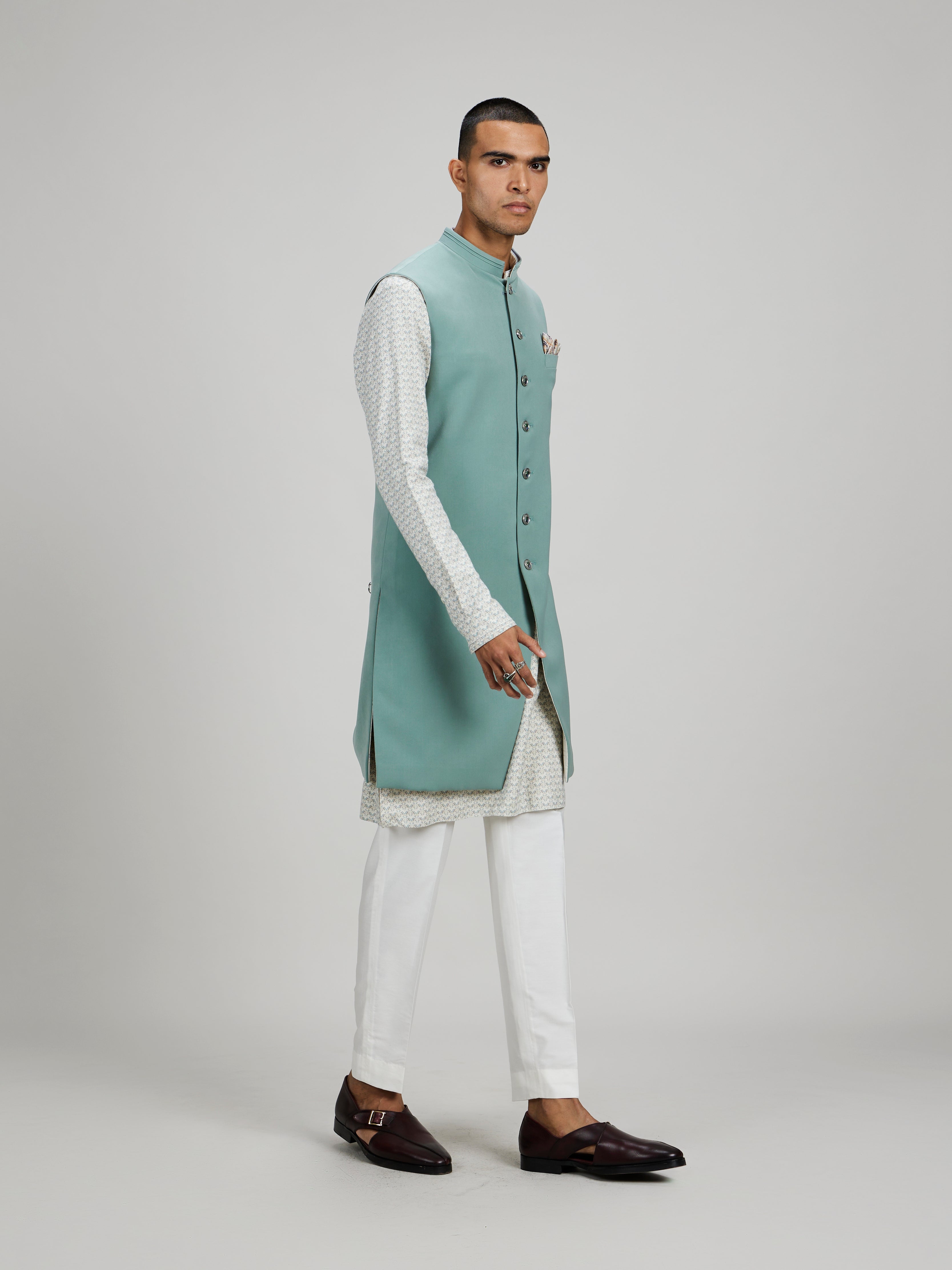 Sage crepe wool sleeveless sherwani jacket