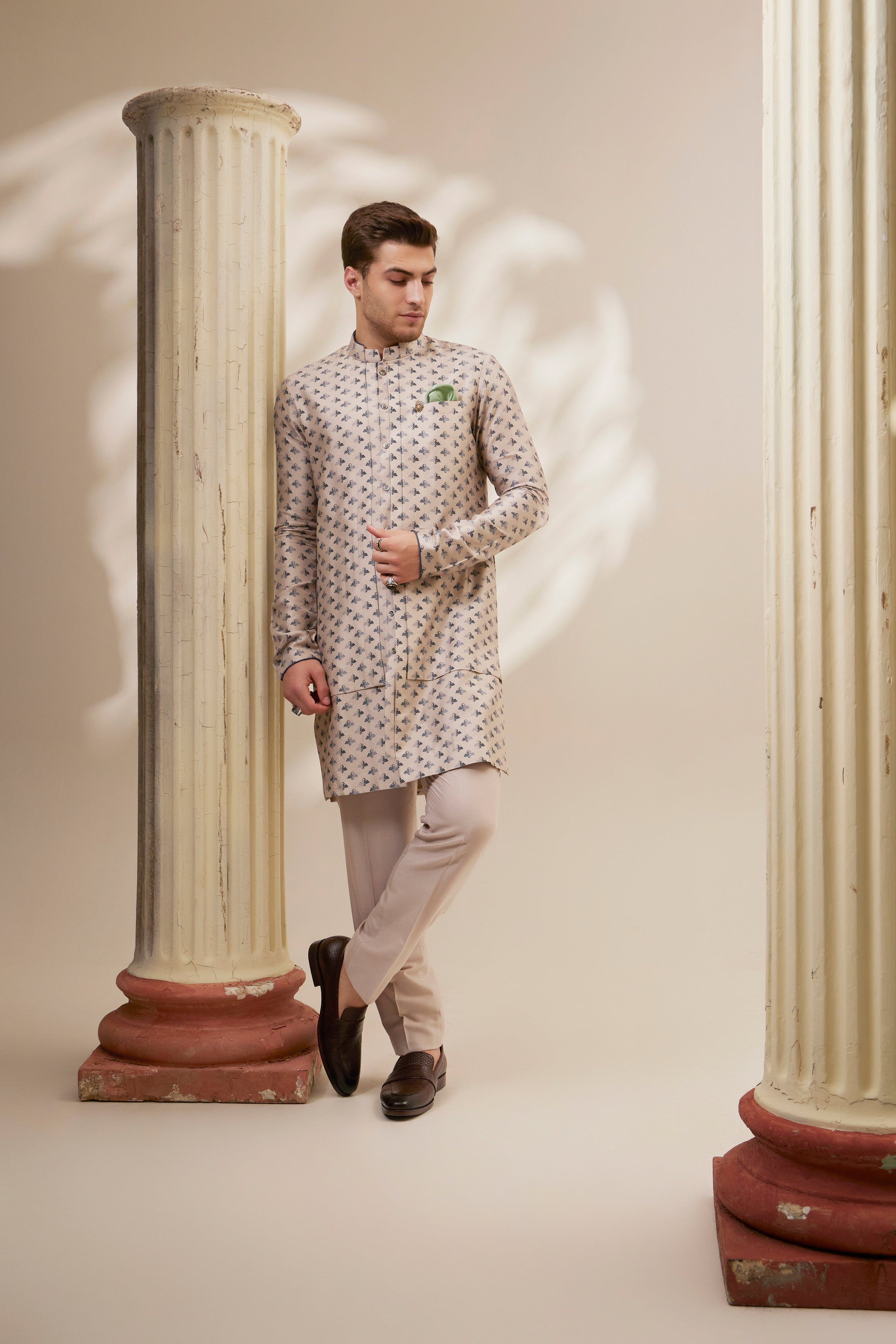 Taupe liberty printed layered kurta set