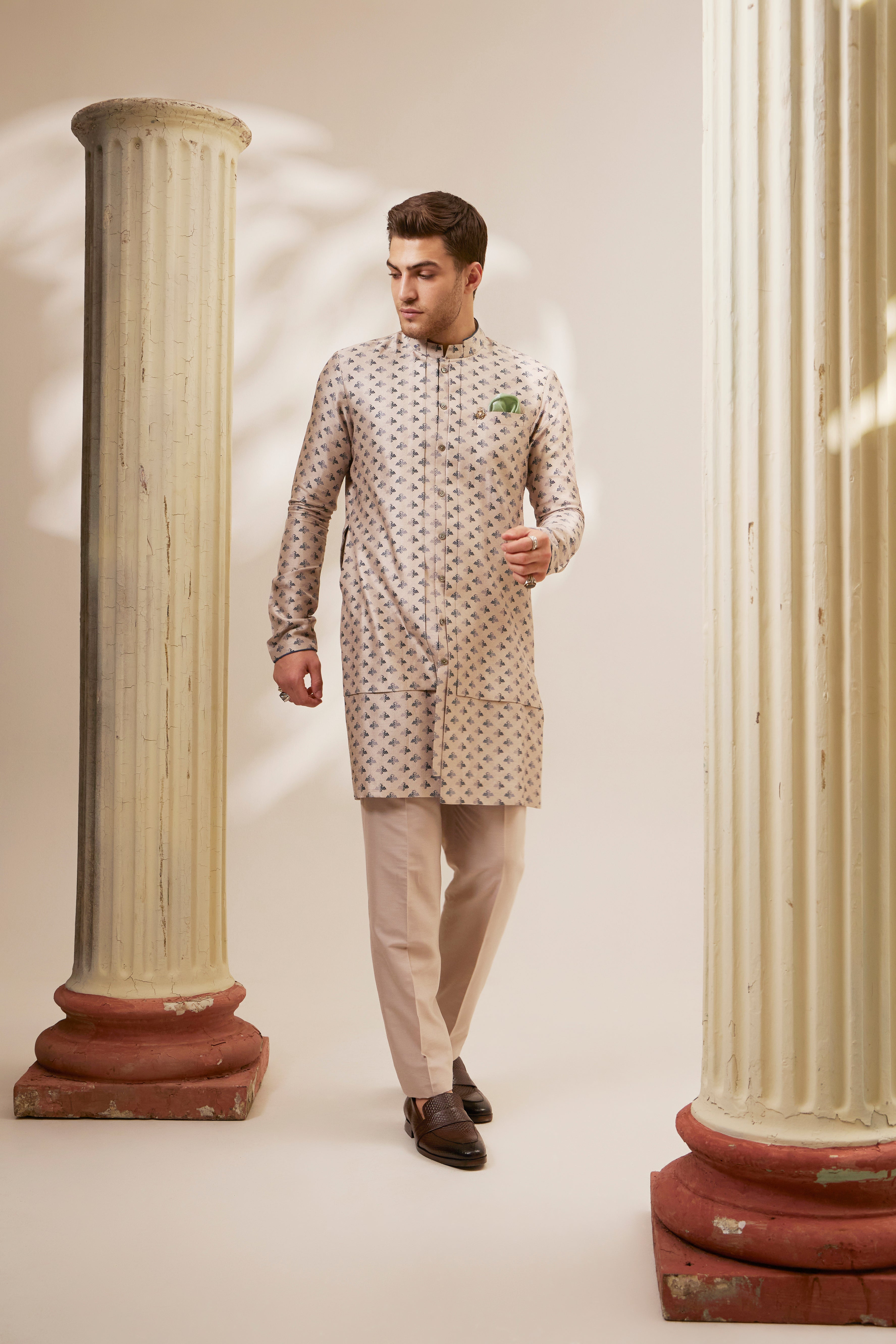 Taupe liberty printed layered kurta set