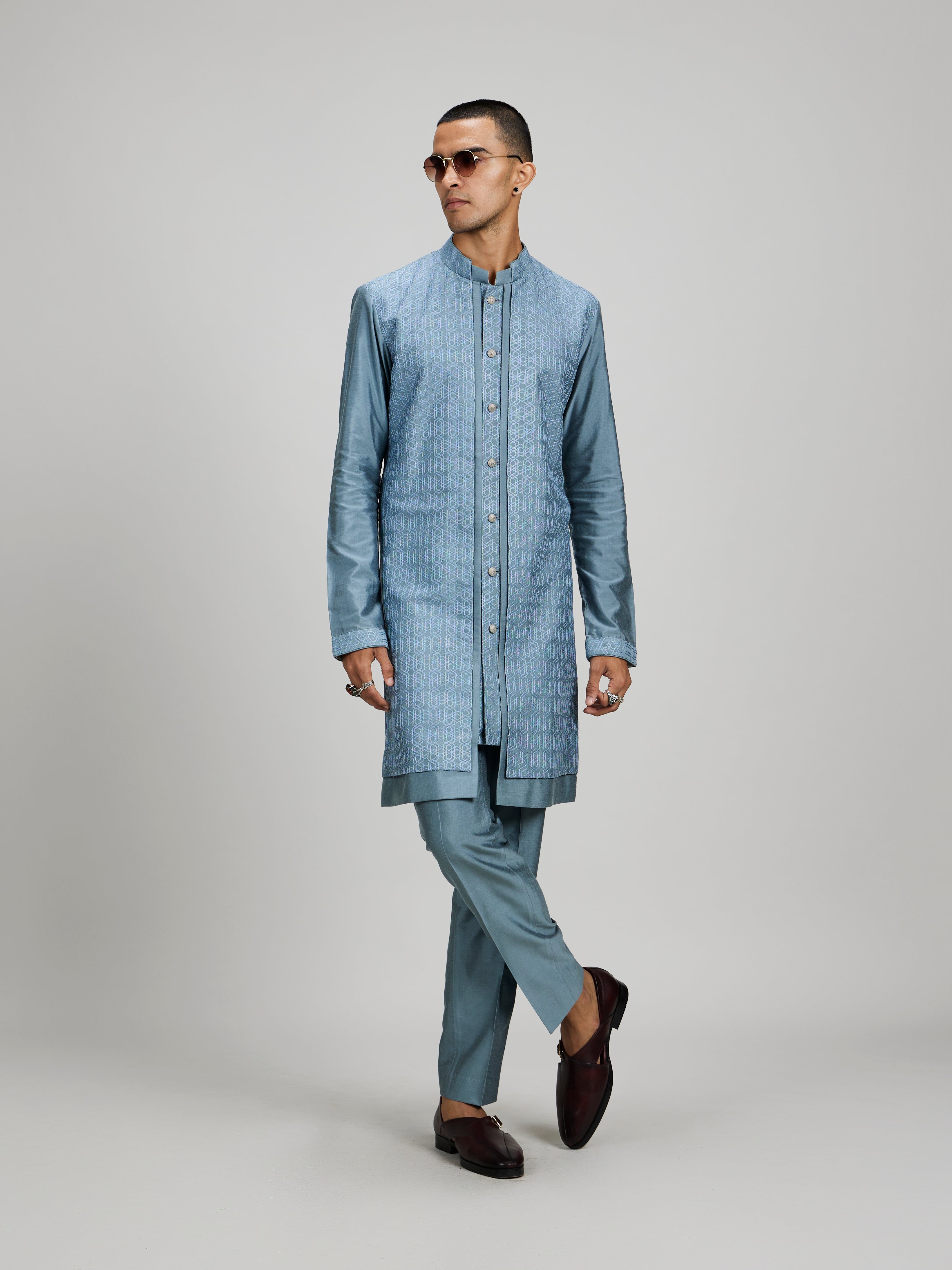 Teal orion embroidered layered kurta set