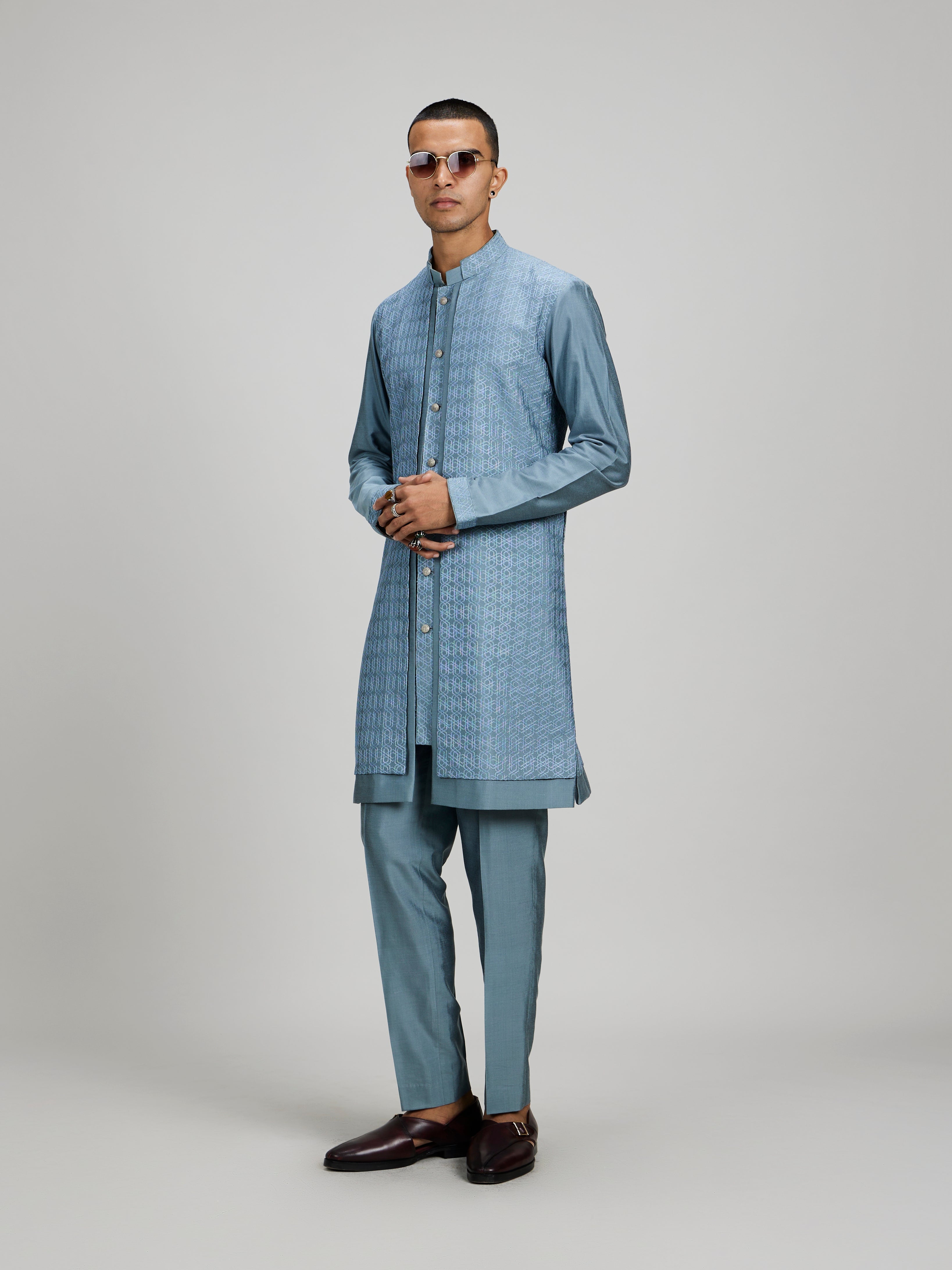 Teal orion embroidered layered kurta set