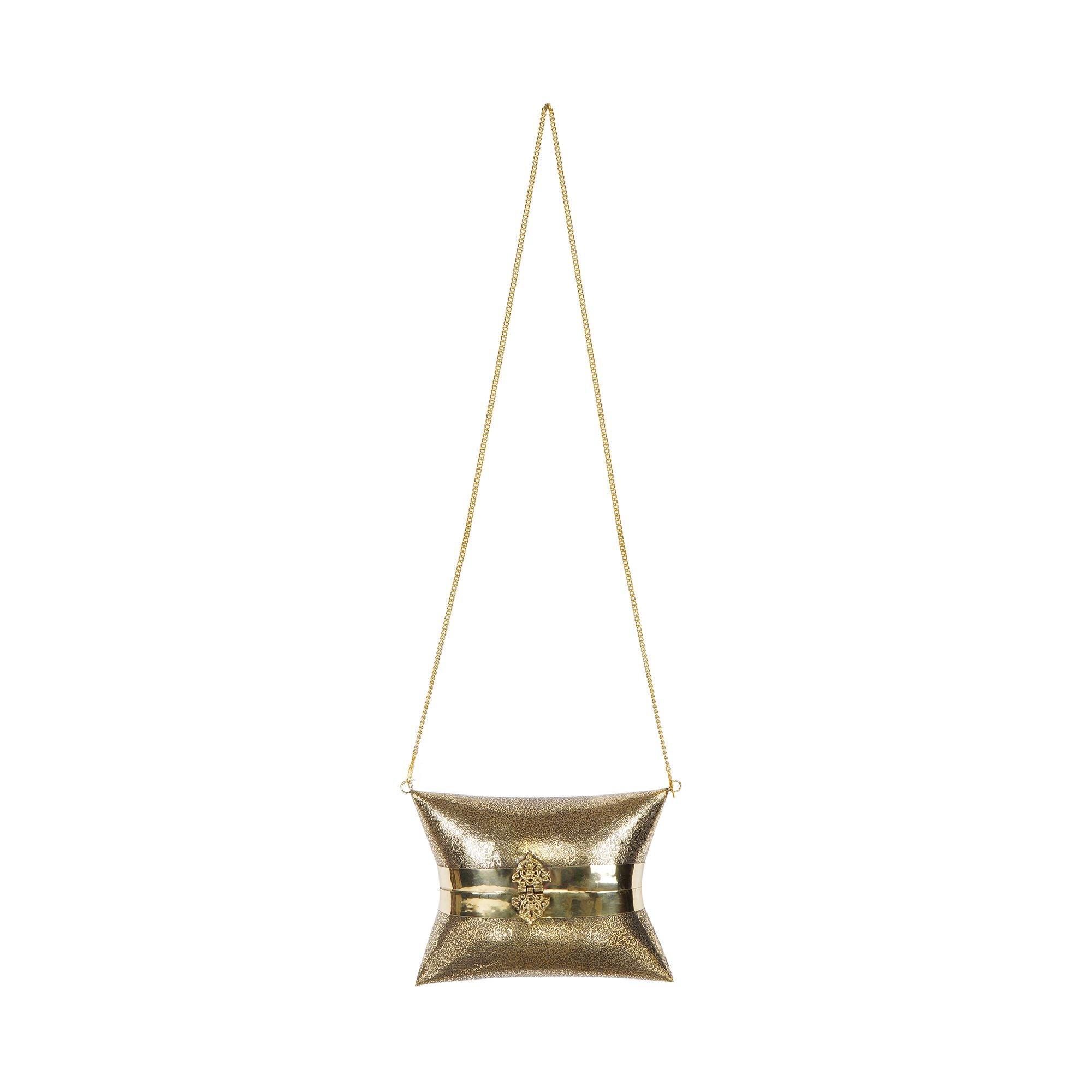 ETHNIC BRASS BAG WITH INTRICATE PATTERN IN GOLD FINISH