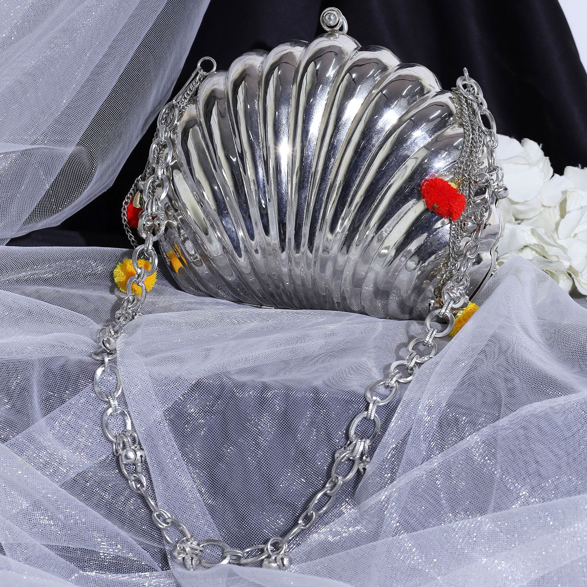 ETHNIC GHUNGROO BRASS BAG IN SILVER FINISH