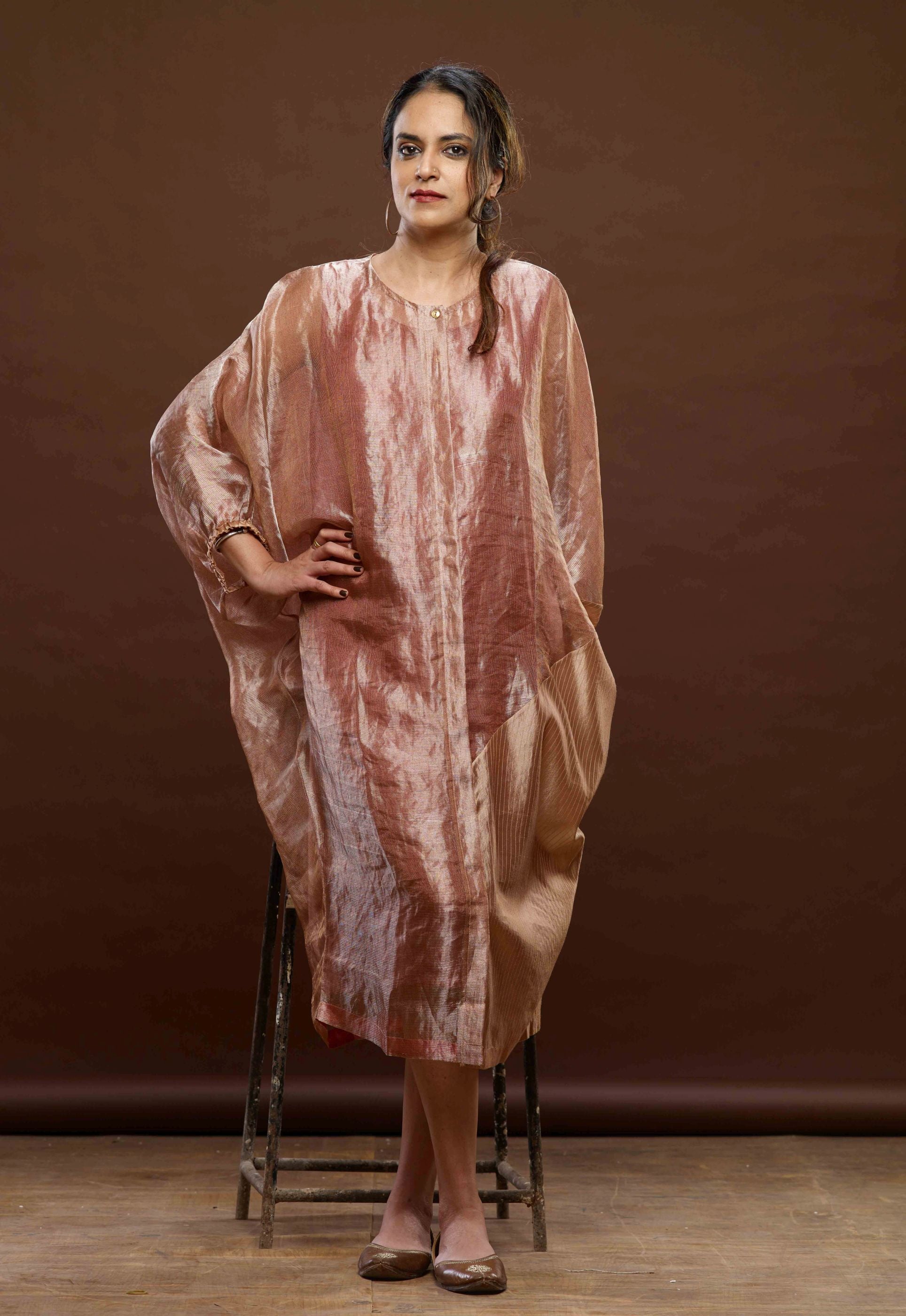 ROSE PINK ZARI AND TEXTURED SILK DRESS