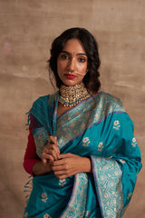 'Phool Chatai' Firozi Ektara Benarasi Handloom Sari