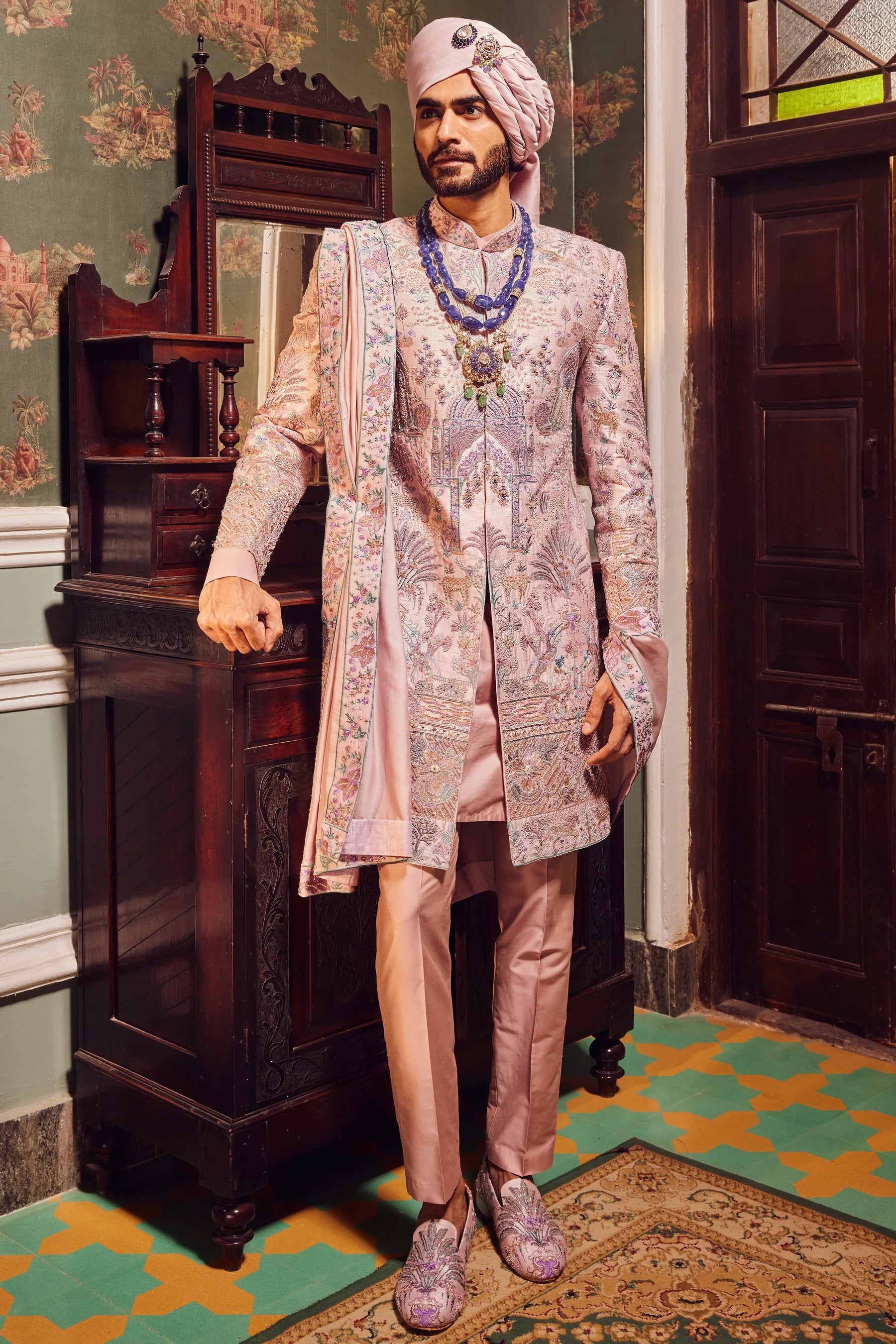 Raw Silk Pink Panel Embroidered Sherwani