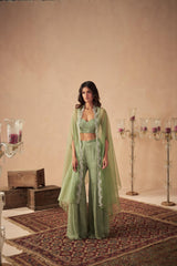 Sage Green Meadow Sharara and Bustier with Cape
