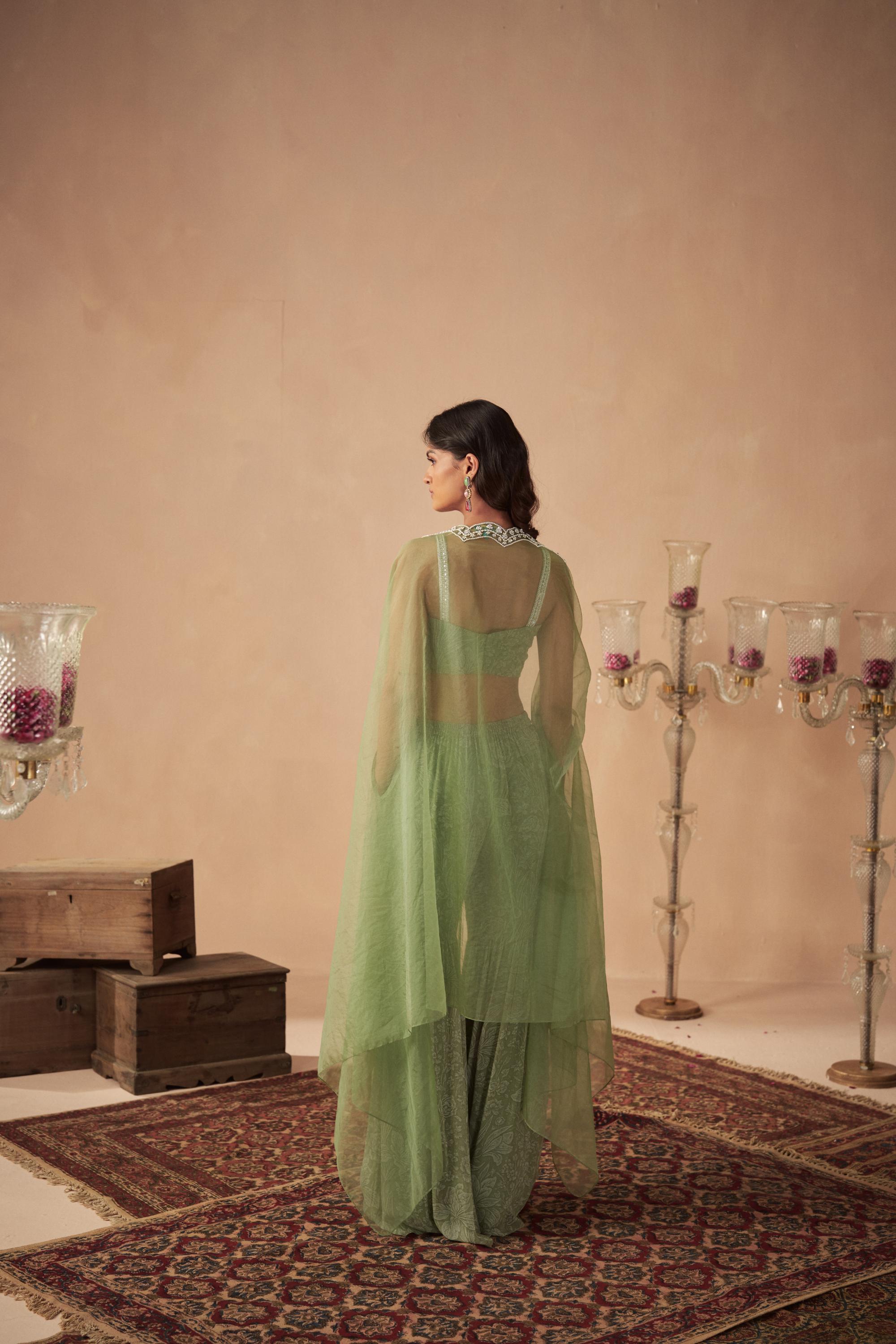 Sage Green Meadow Sharara and Bustier with Cape