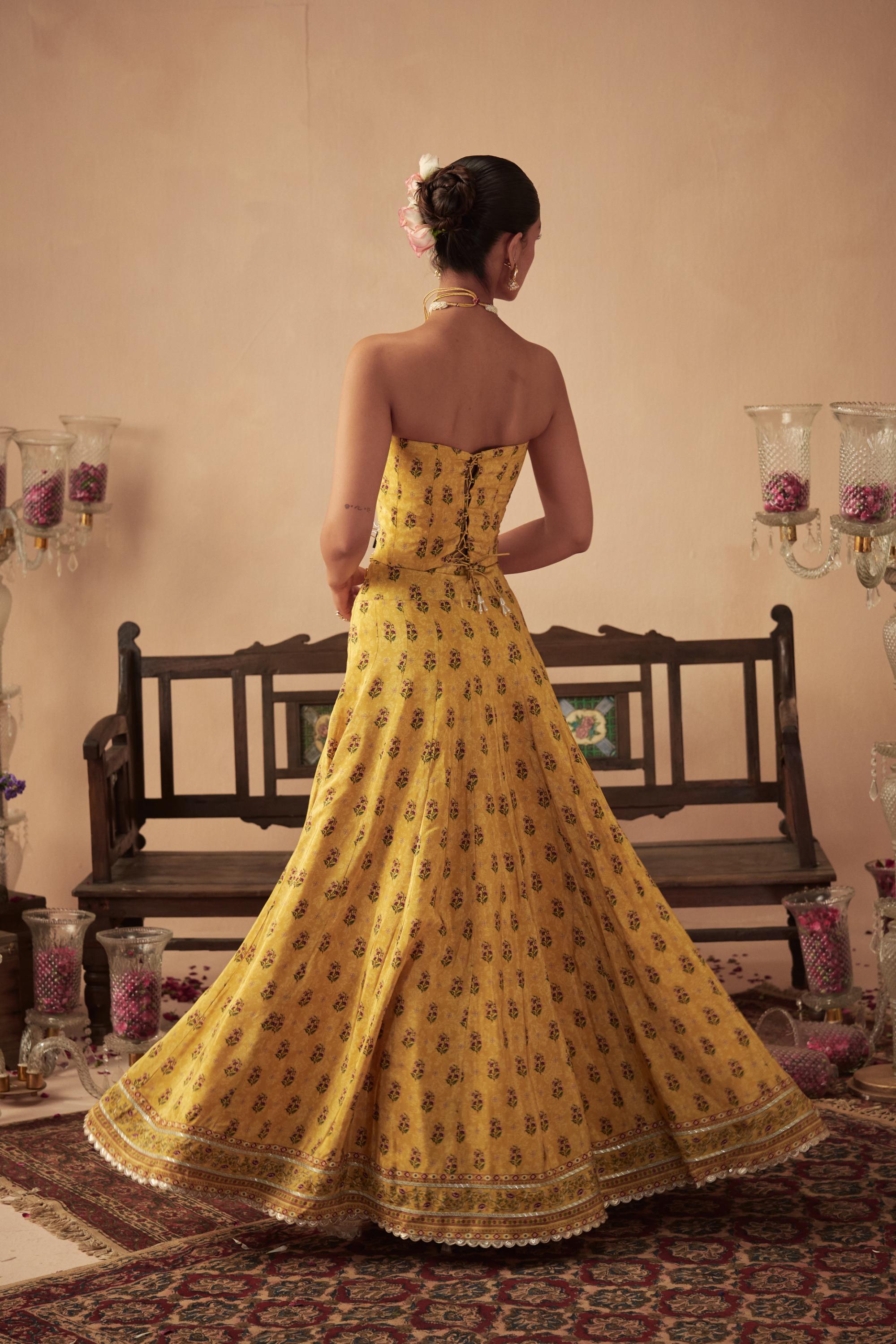 Yellow Booti Lehenga and Corset