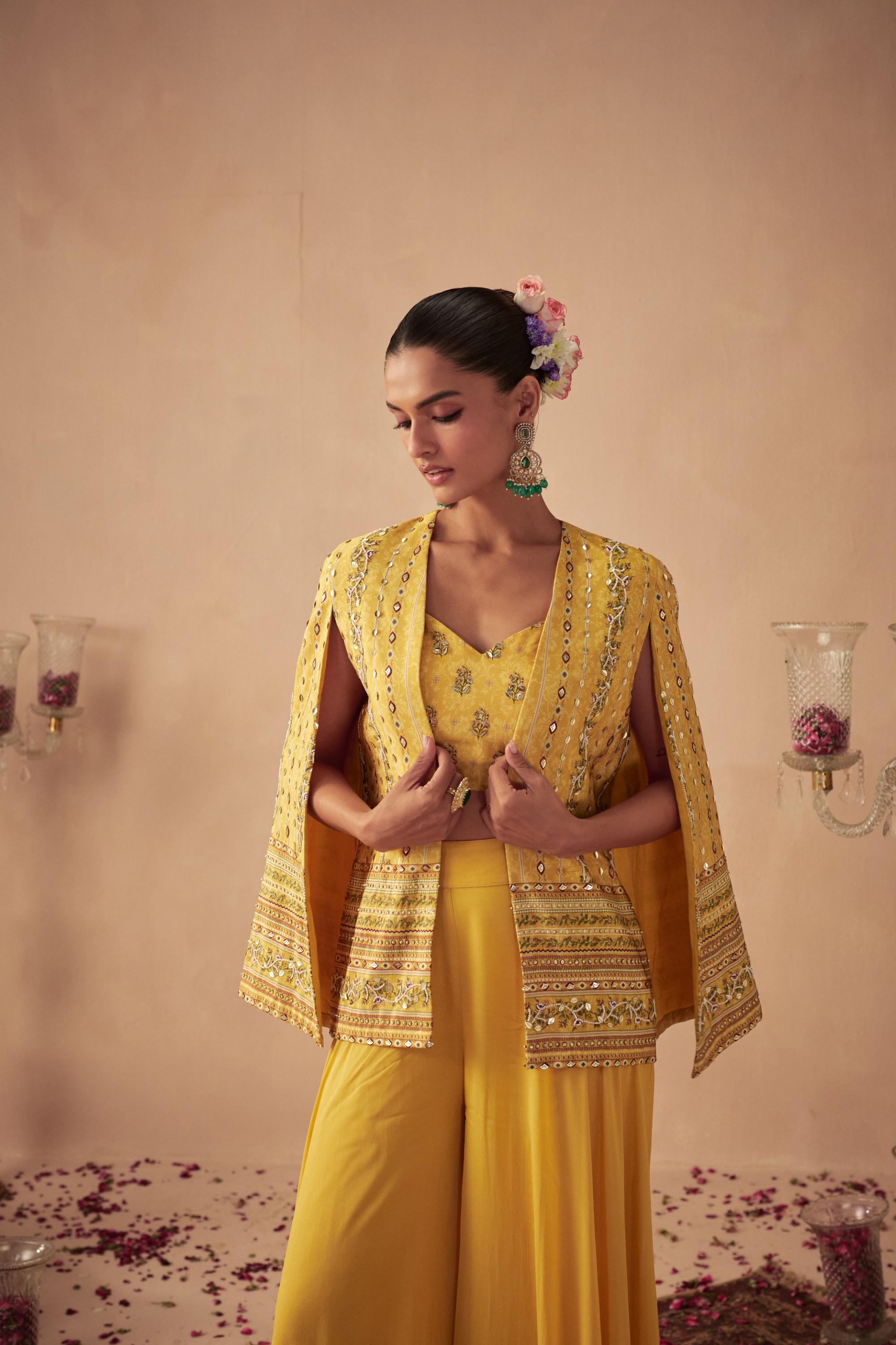 Yellow Vine Jacket with Palazzo and Bustier