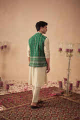 Beige Kurta with Green Bundi Set