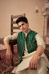 Beige Kurta with Green Bundi Set