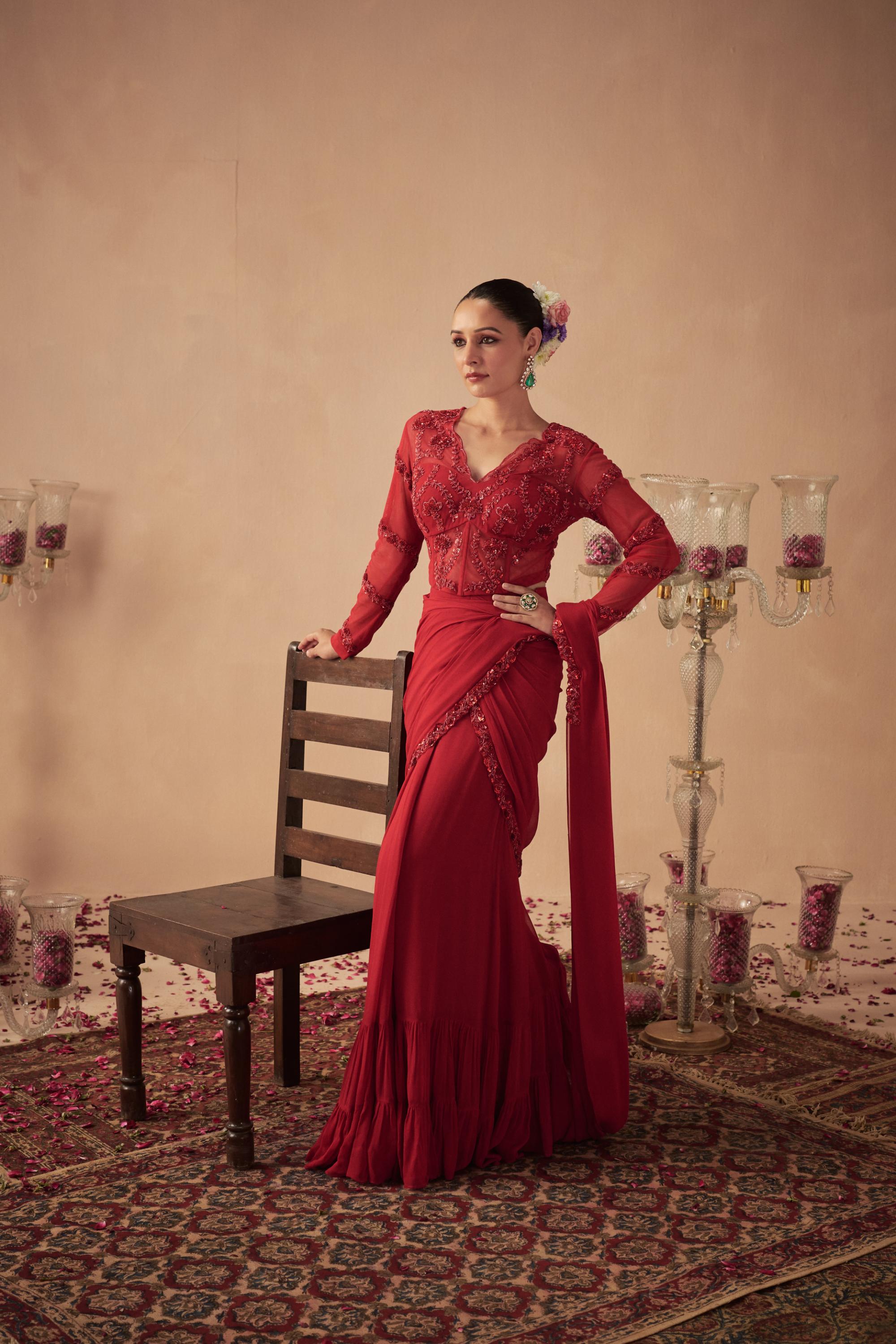 Red Pre-Draped Saree