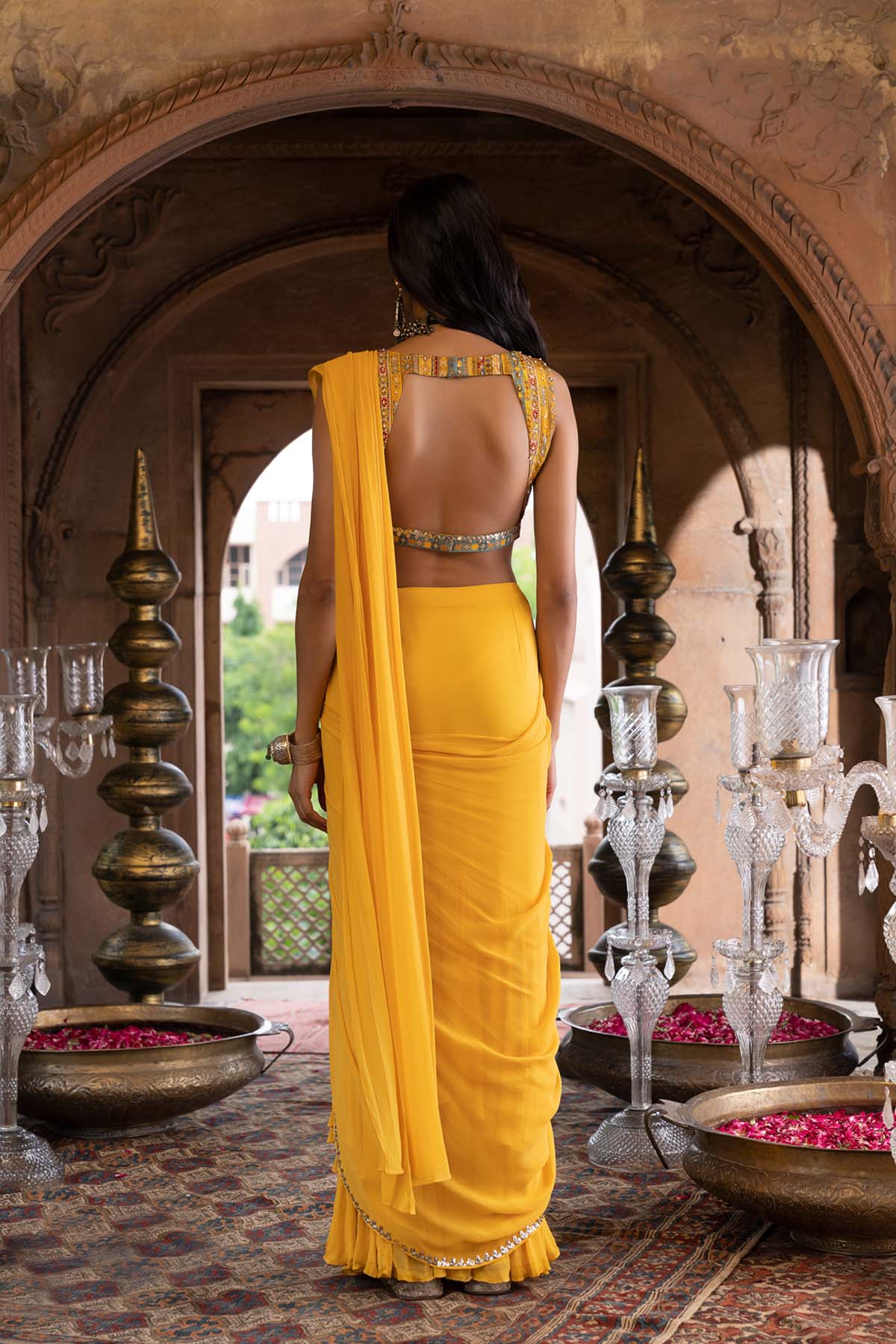 YELLOW PRE DRAPED SAREE SET