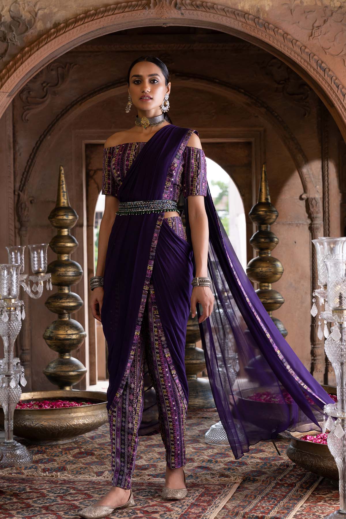 PURPLE OFF SHOULDER PANT SAREE