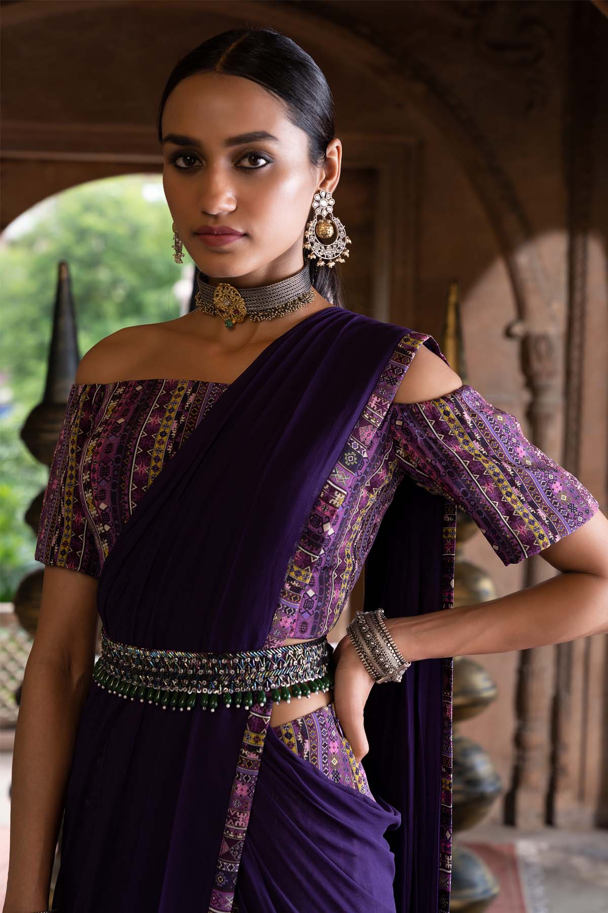 PURPLE OFF SHOULDER PANT SAREE